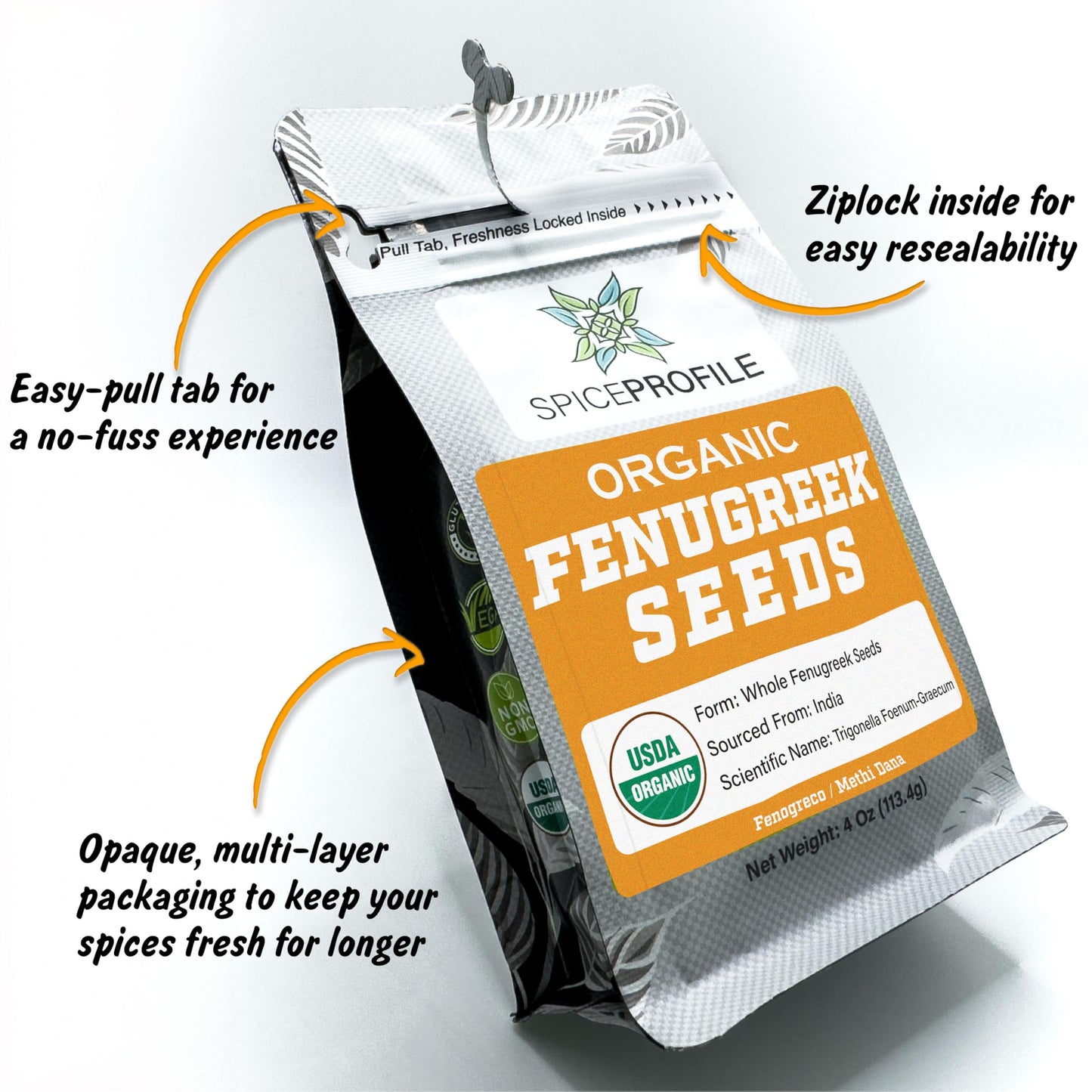 Spice Profile USDA Organic Fenugreek Seeds  Lab Tested for Heavy Metals  Resealable 4oz Pouch  Methi  Semillas de Fenogreco