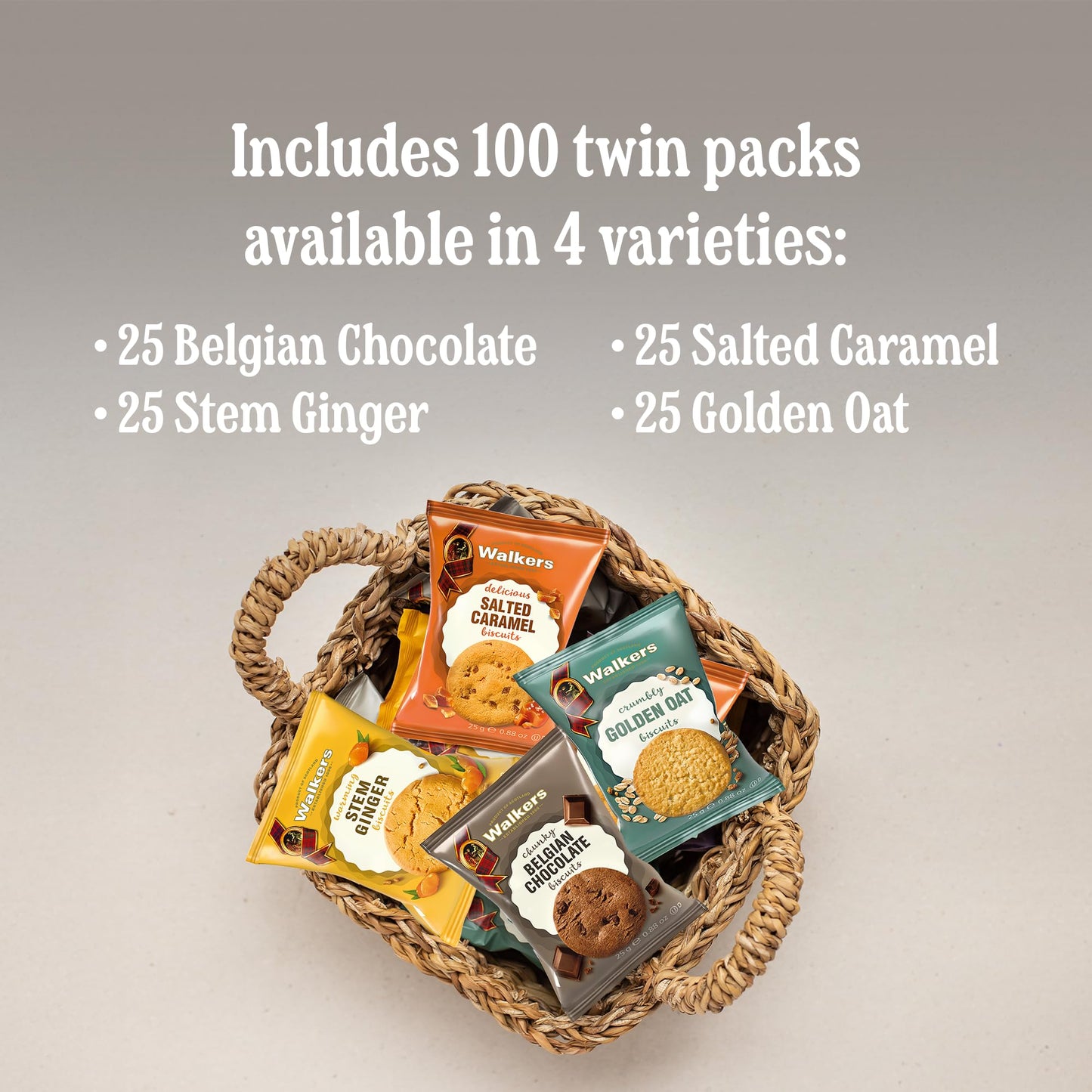 Walkers Assorted Scottish Cookie Variety Pack - 100 Snack Packs (2 Cookies Each) - Includes Belgian Chocolate, Stem Ginger, Salt