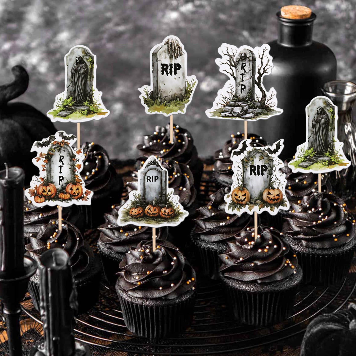 36 Pcs Halloween Tombstone Cupcake Toppers Rip Cemetery Graveyard Zombie Skeleton Pumpkin Bat Cupcake Picks Halloween Cupcake De