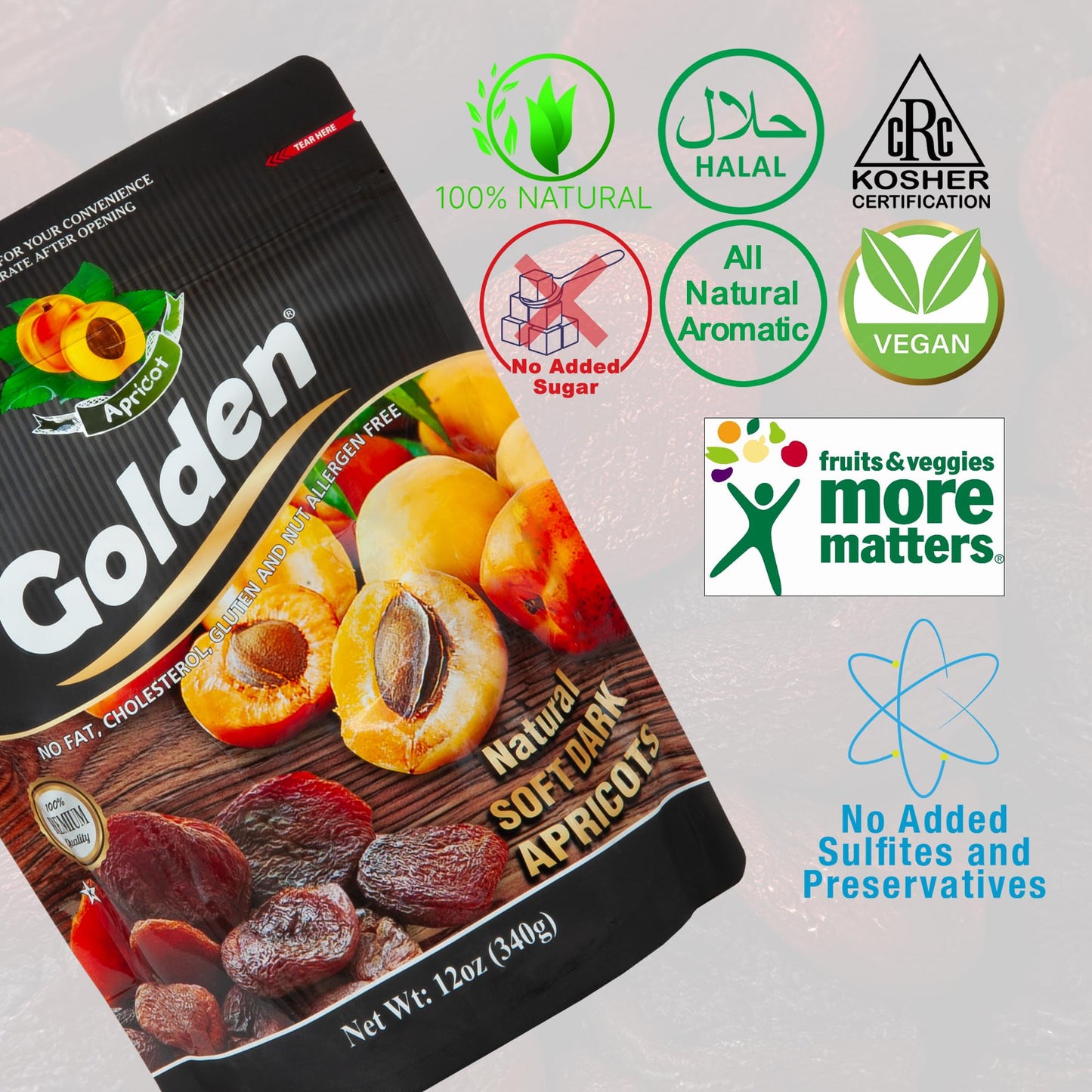 Golden Natural Soft Dark Apricots - 12 Oz (340 G), No Sugar Added Dried Fruit, Healthy Snack For Adults And Kids, Completely Fre