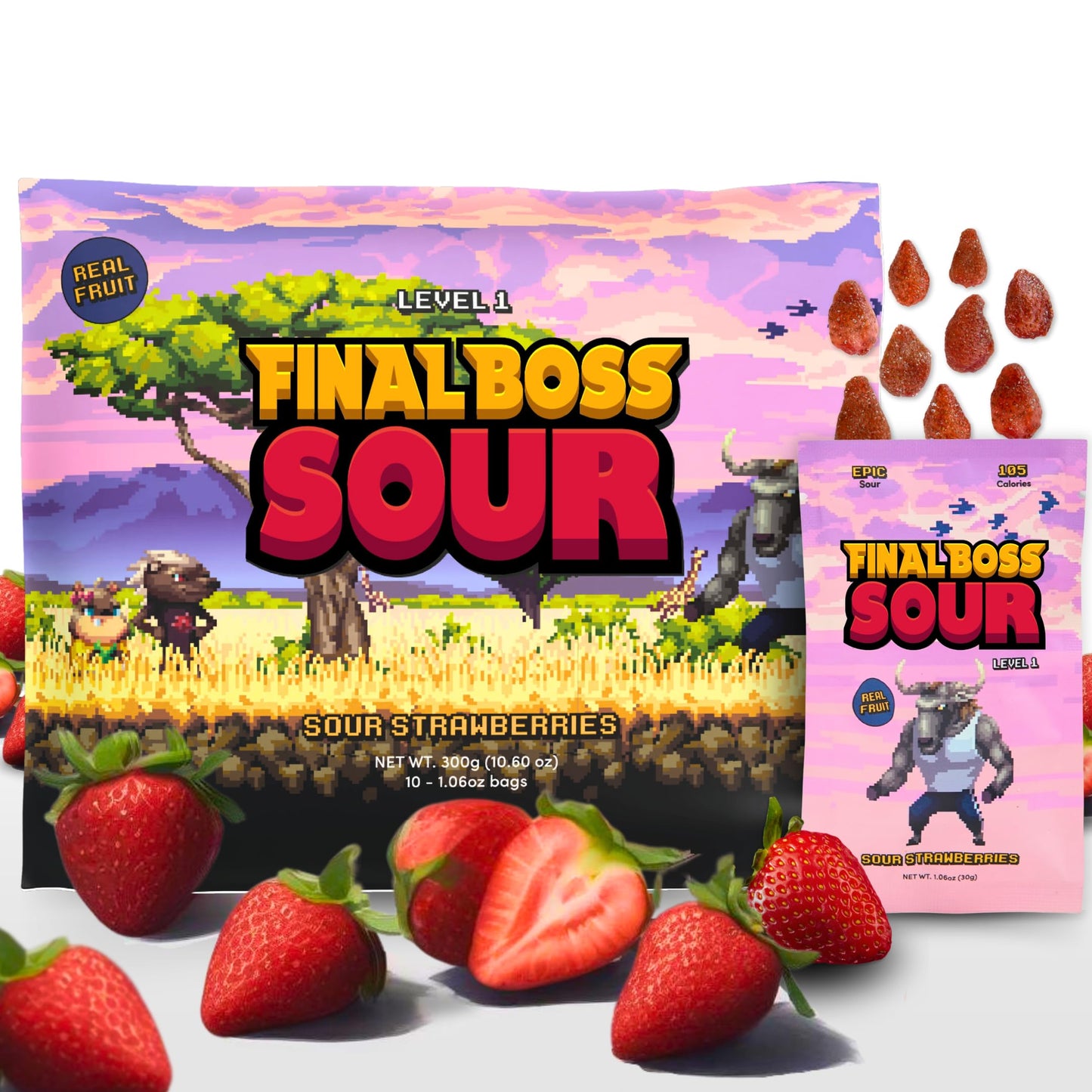 Final Boss Extremely Super Sour Candy, Natural Chewy Strawberry Gummies Made With Dried Fruit, Free Of Artificial Colors, Low Ca