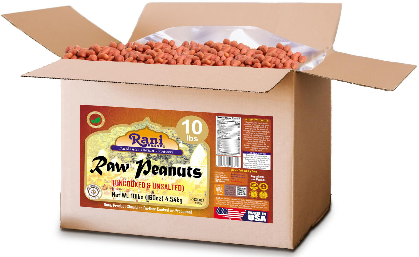 Rani Peanuts, Raw Whole With Skin (Uncooked, Unsalted) 10Lbs (160Oz) 4.54Kg Bulk Box ~ All Natural | Vegan | Gluten Friendly | Kosher | Fresh Product Of Usa ~ Spanish Grade Groundnut/Red-Skin