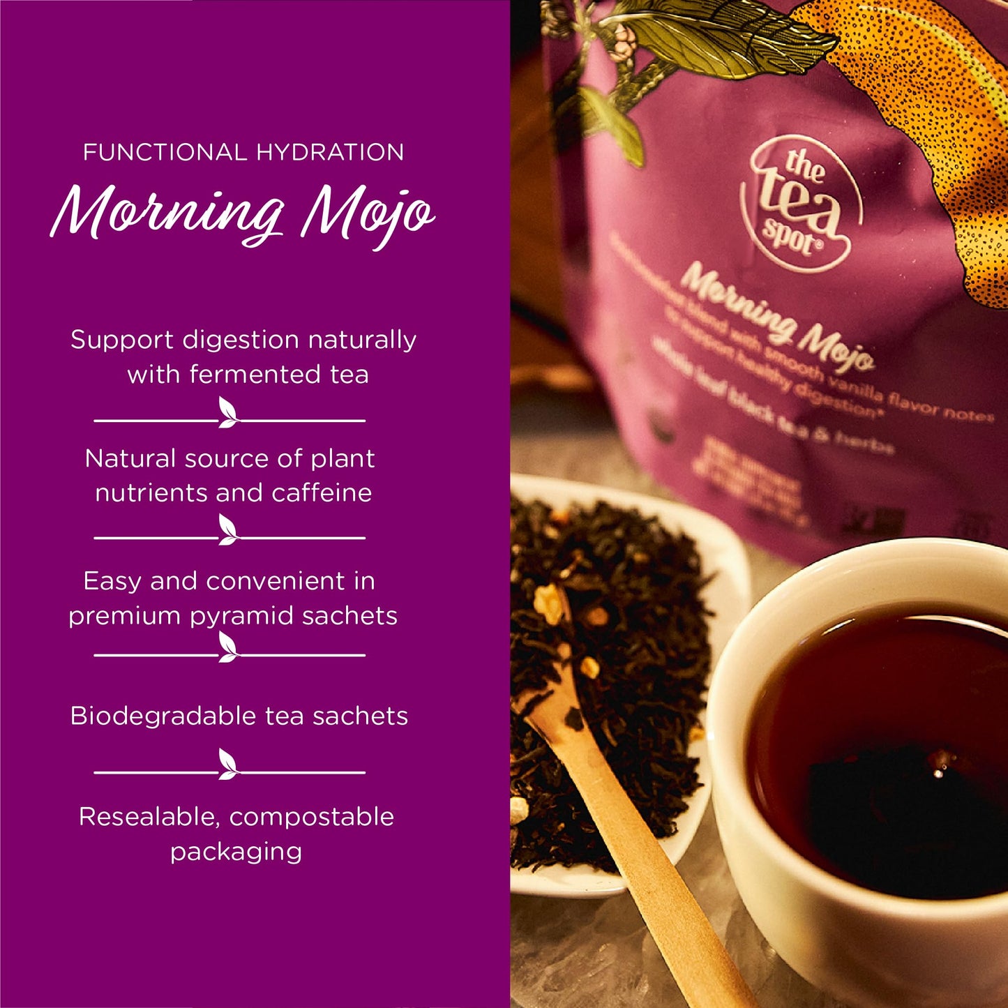 The Tea Spot Organic Morning Mojo Black Tea, Breakfast Blend with Vanilla & Citrus, 15 Tea Bags, Pack of 1