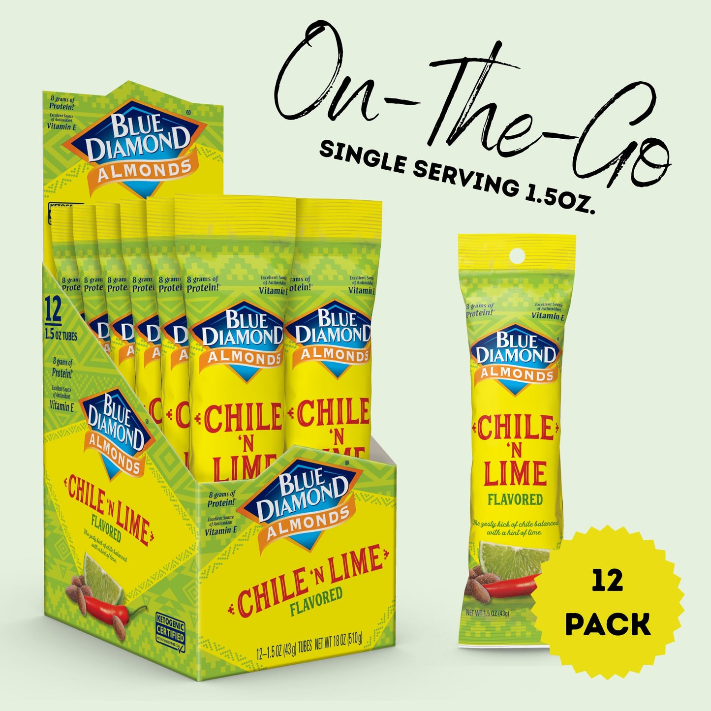 Blue Diamond Almonds, Single Serving Chile N Lime Flavored Snack Nuts Great For Road Trips, Lunches, And On-The-Go, 12 Packs, 1.