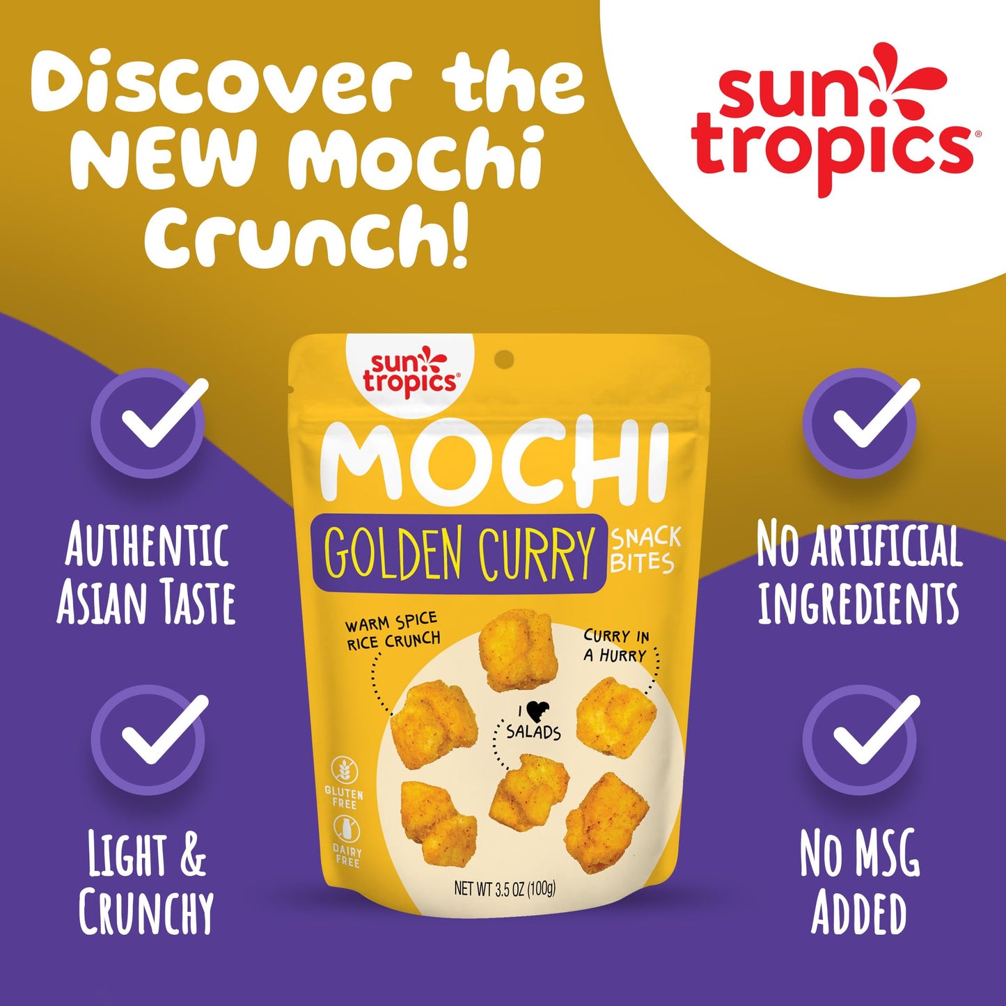 Sun Tropics Mochi Snack Bites, Golden Curry Flavor- 3.5 Oz (6 Pack) | Crispy Crunchy Mochi Bites, Rice Nuggets | Mochi Puff Rice