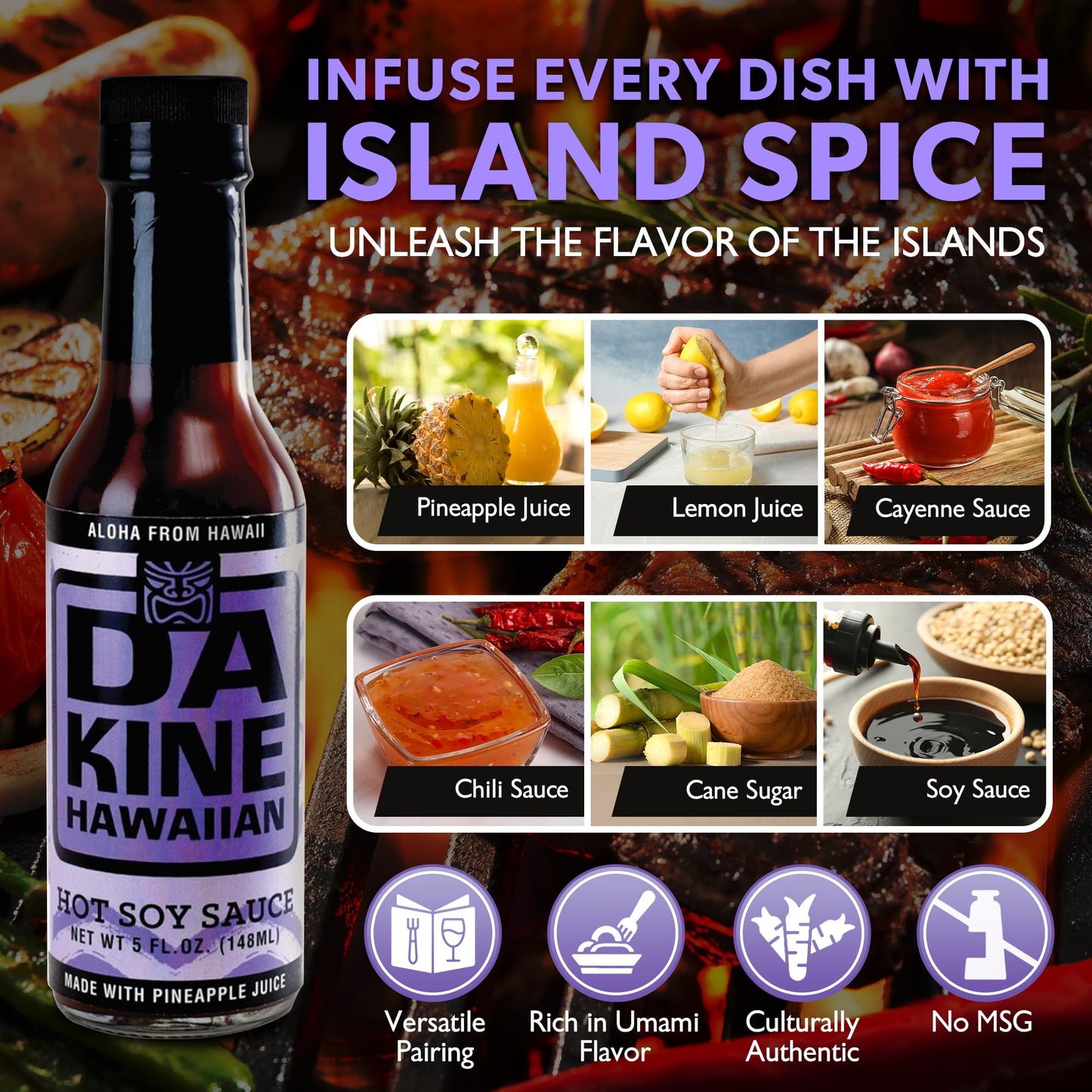Da Kine Hawaiian Hot Soy Sauce, Vegan Gourmet Sauce, Pineapple Flavor, 5 fl oz