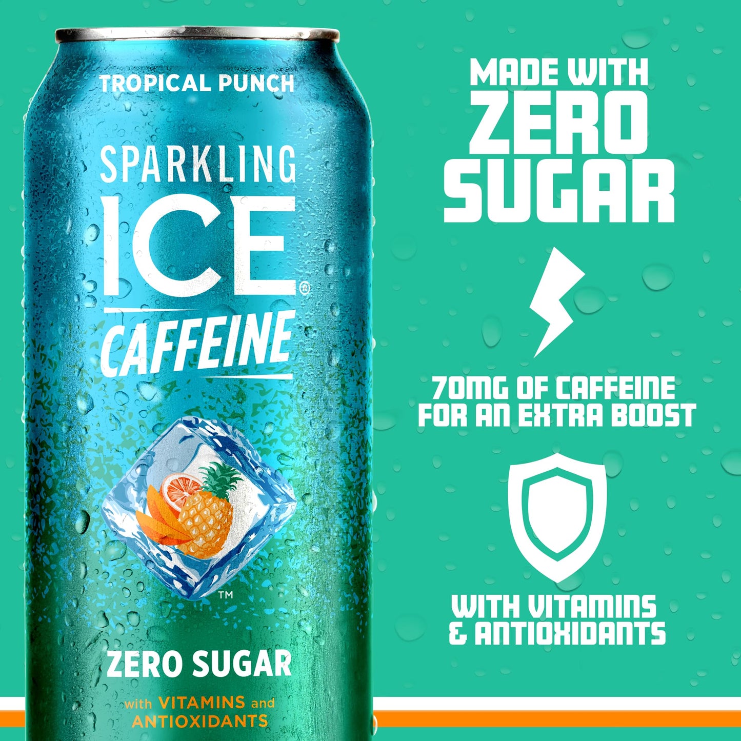 Sparkling Ice Caffeine Tropical Punch Sparkling Water, Zero Sugar, 16 Fl Oz Cans (Pack of 12), Orange Passion Fruit