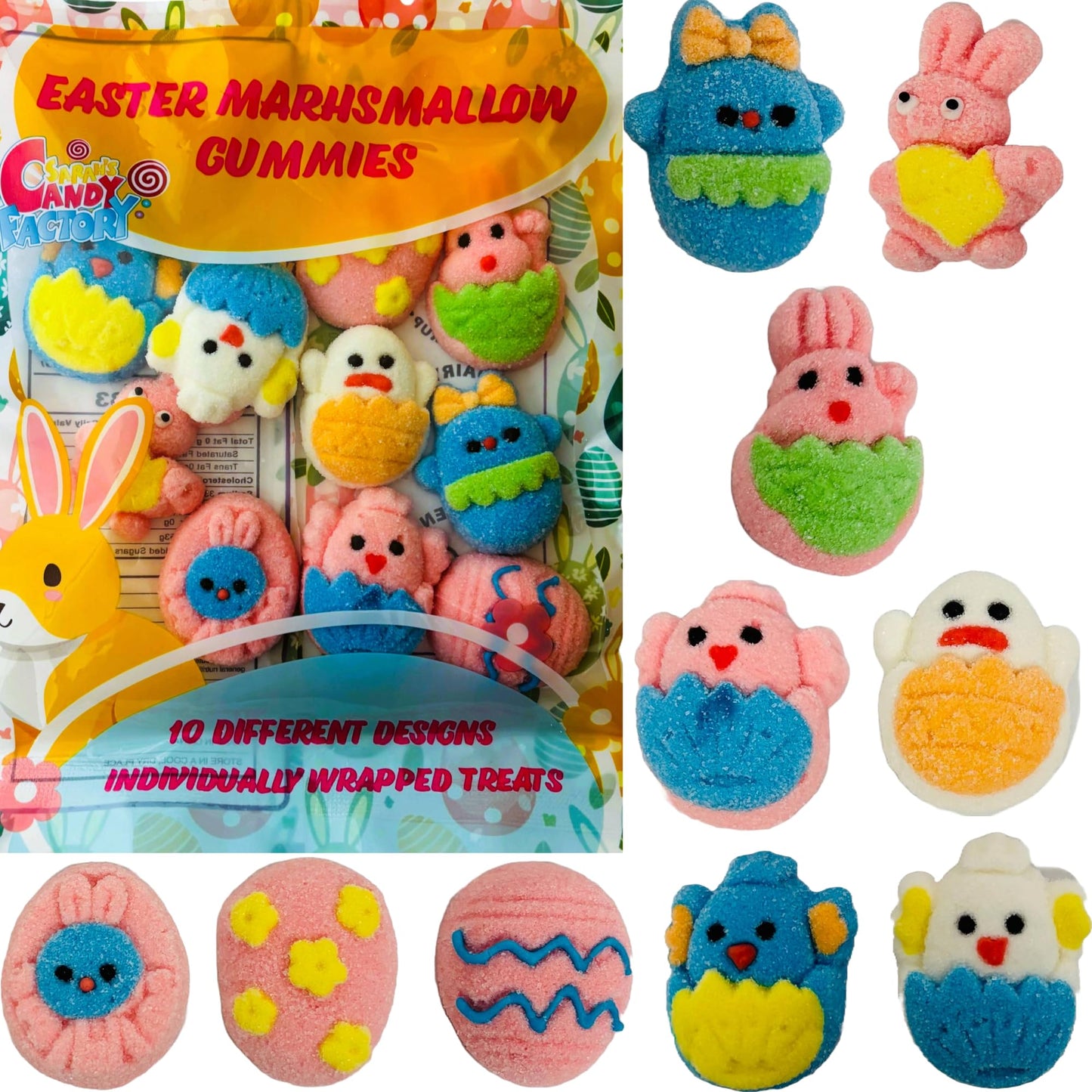 Easter Marshmallow Gummies 10 Different Design,4.5 Oz, Individually Wrapped Gummies In Bag, Gluten Free, Diary Free, Perfect For