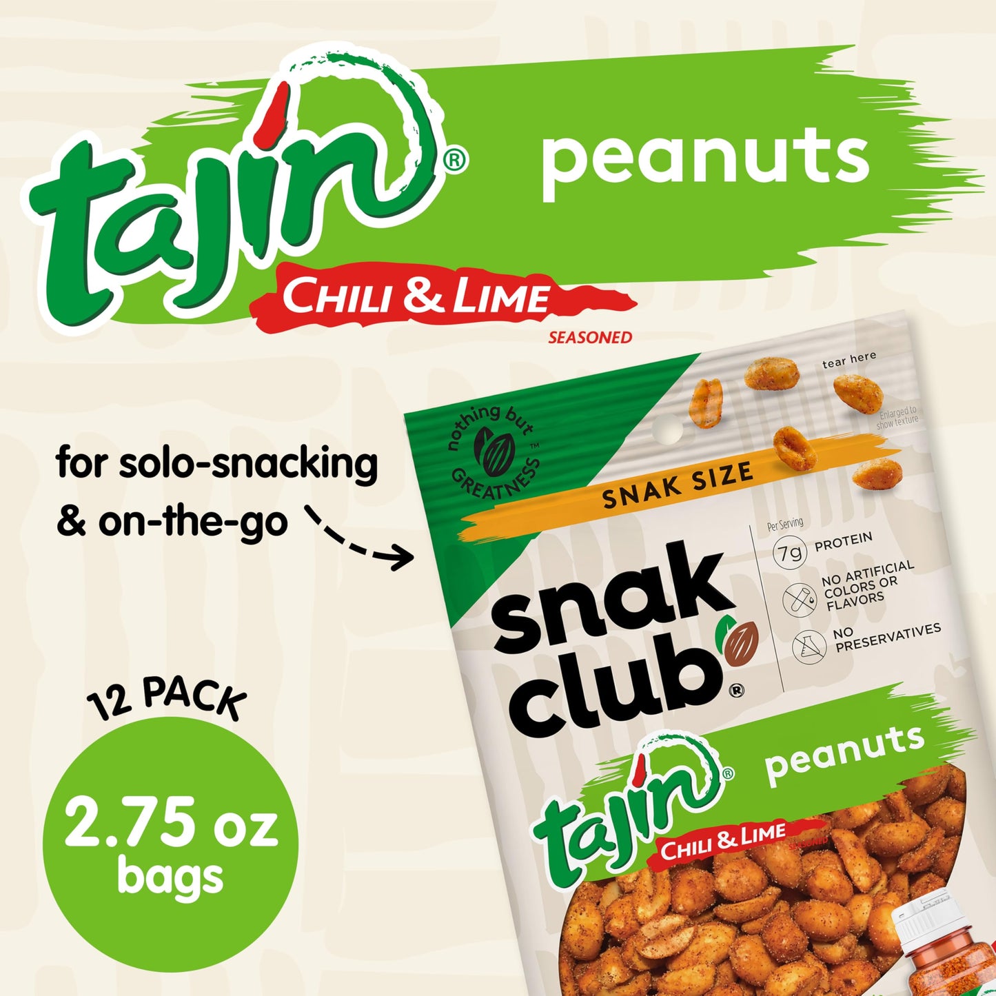 Snak Club Tajin Peanuts, Roasted Chili Lime Nuts, Gluten-Free, 2.75 oz (Pack of 12), Green Label