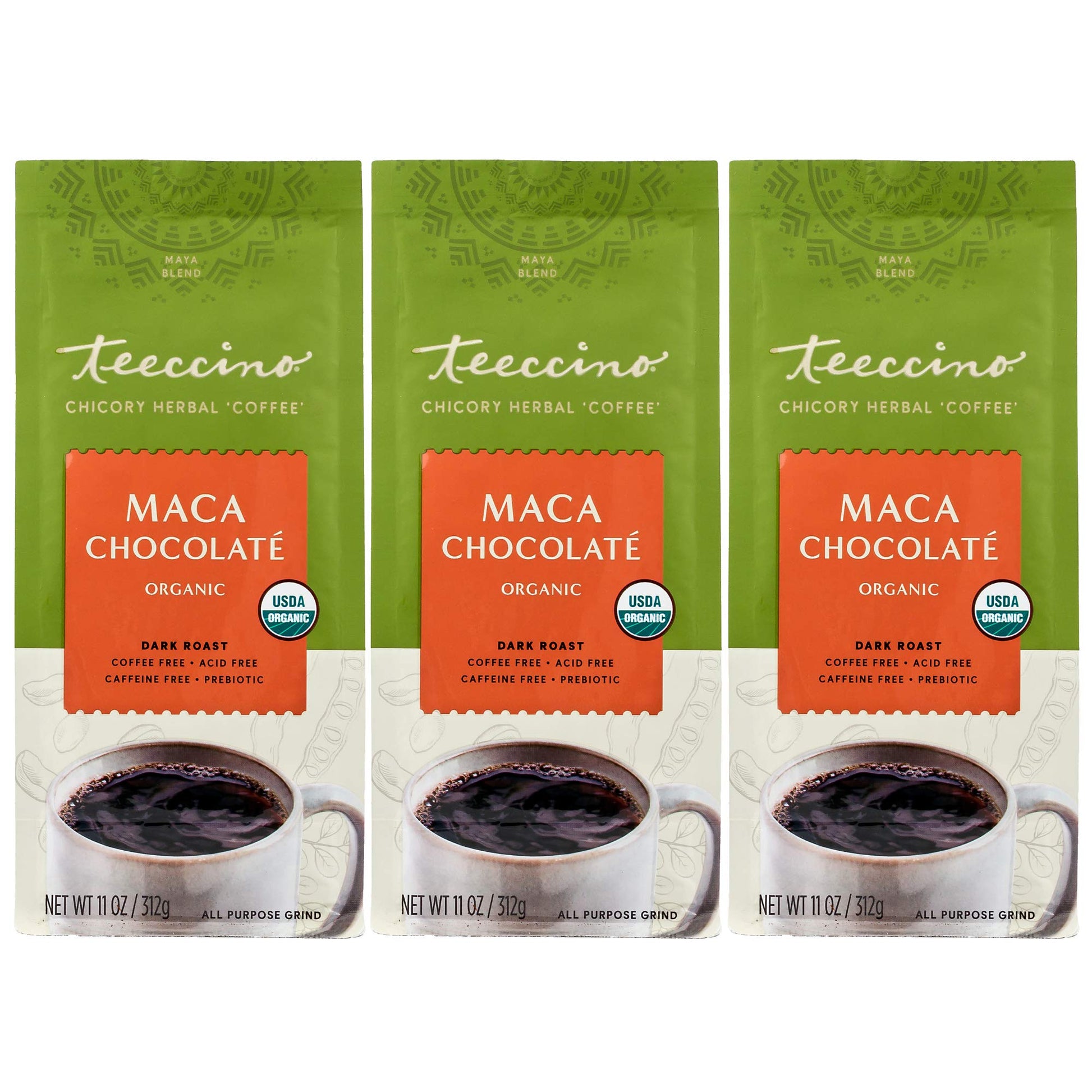 Teeccino Maca Chocolaté Ground Herbal Coffee Alternative, Dark Roast, Caffeine Free, Acid Free, 11 Ounce (Pack of 3)