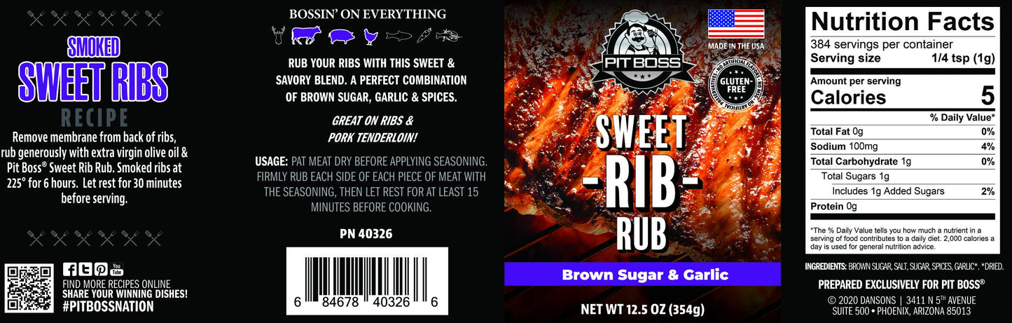 Pit Boss 40326 Sweet Rib Rub Grill Spices, 12.5 Ounce (Pack of 1), Multicolored