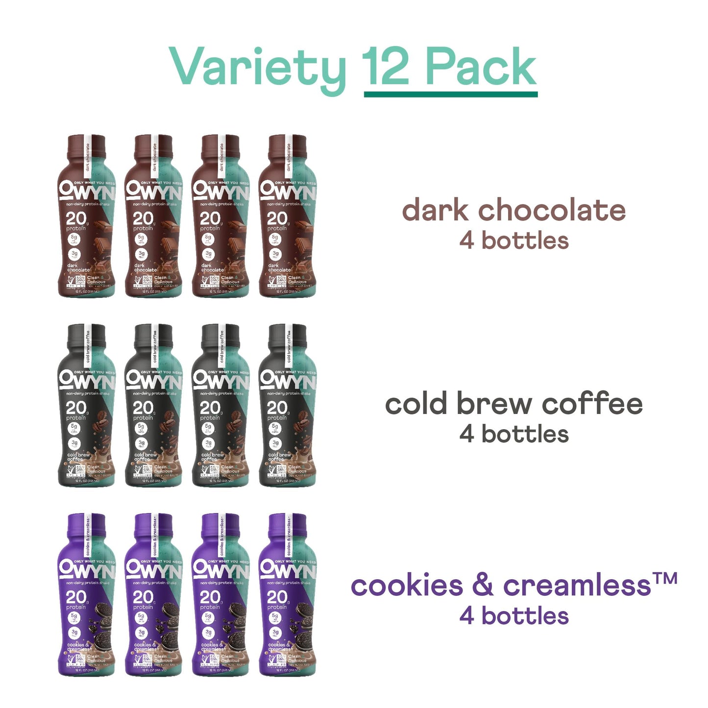 OWYN Plant Based Protein Shake, 20g Vegan Protein, Prebiotic dietary product, 12 Fl Oz (Pack of 12), Gluten & Soy-Free, Variety Pack