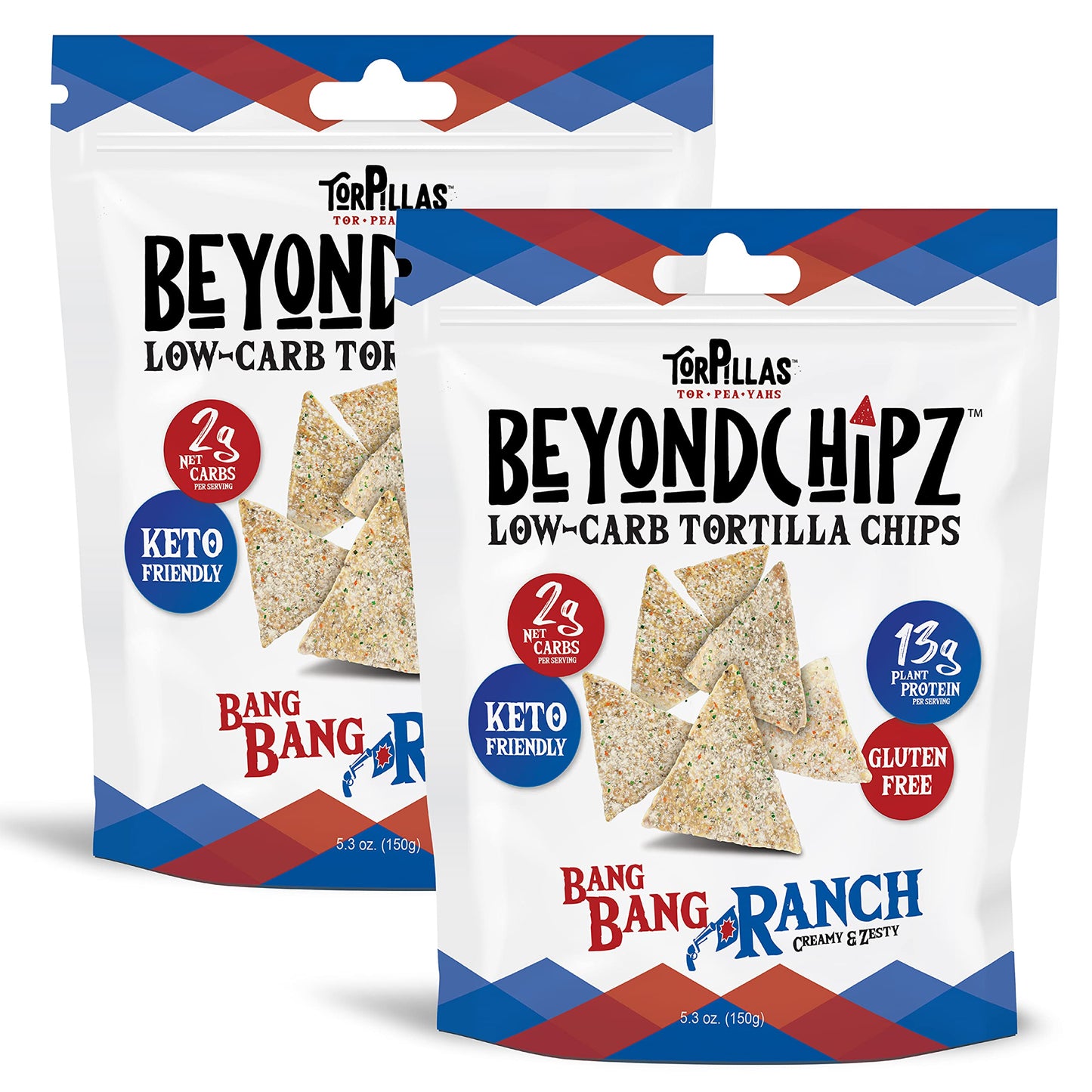BeyondChipz Keto Tortilla Chips, Low Carb Protein, 2g Net Carbs, 13g Pea Protein, 5.3oz Bag, Bang Bang Ranch Flavor, Pack of