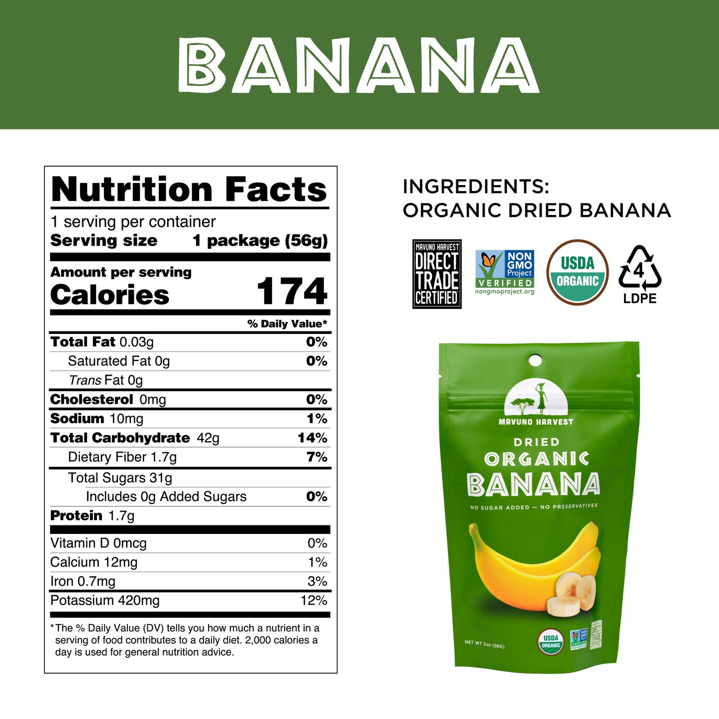 Mavuno Harvest Dried Banana Chips, Organic, Unsweetened, Gluten Free, Vegan, 2 Oz, Pack of 3