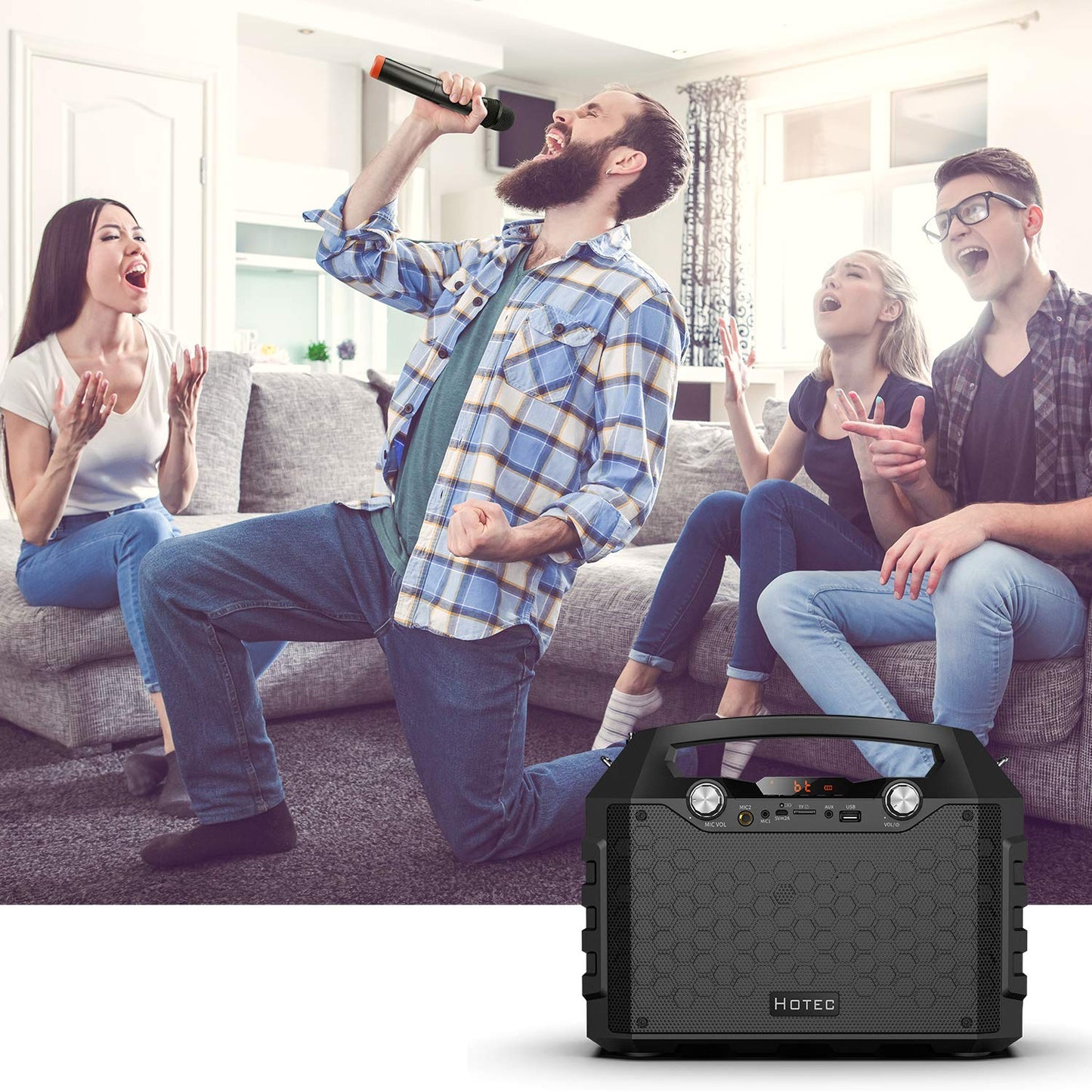 Hotec Wireless Bluetooth Portable Pa Speaker System, Powerful Bluetooth Karaoke Machine With Dual Wireless Microphones For Karao
