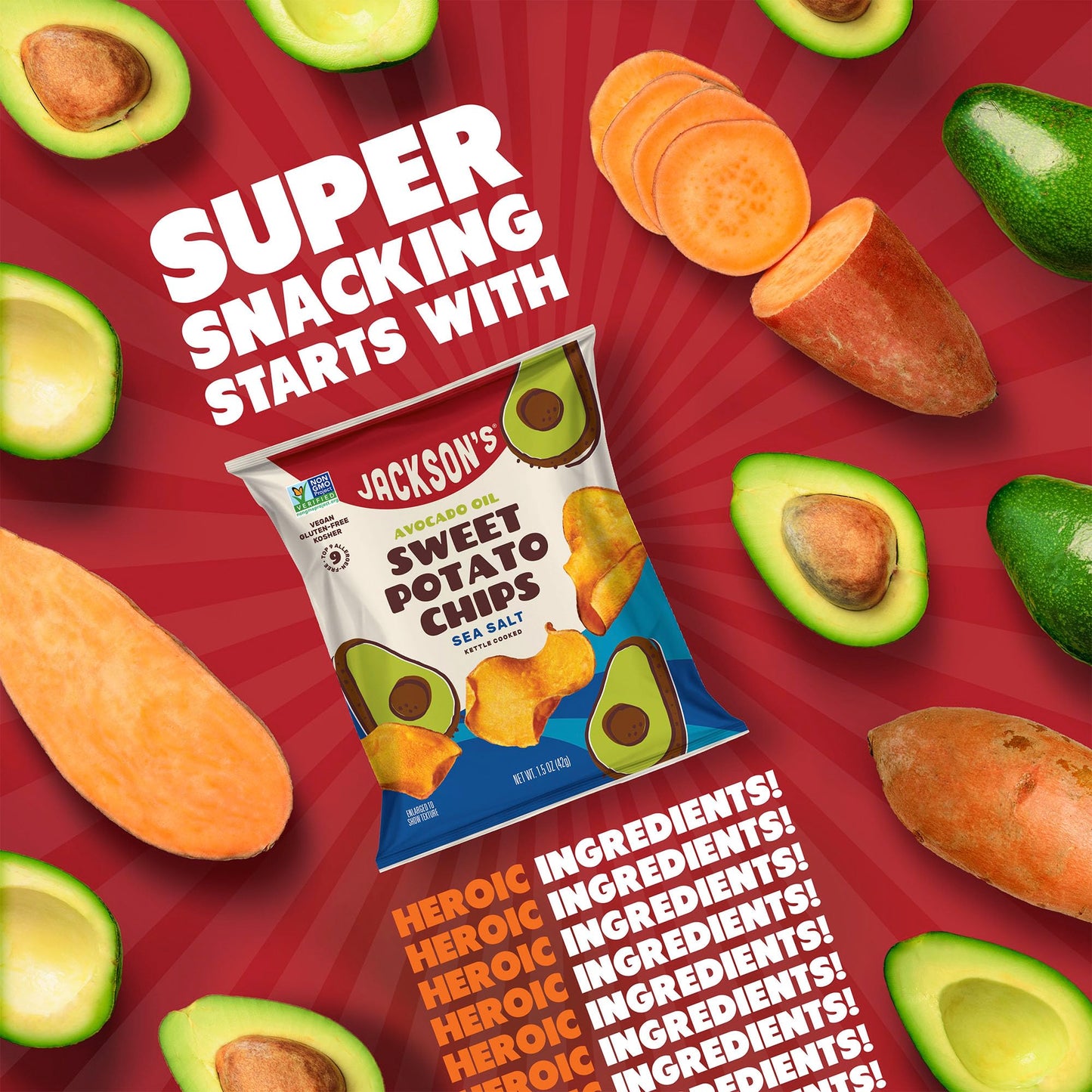 Jackson's Sweet Potato Kettle Chips Variety Pack, 1.5 oz (Pack of 10) - Sea Salt, Ranch, BBQ & Habanero Nacho, Gluten Free, Vegan
