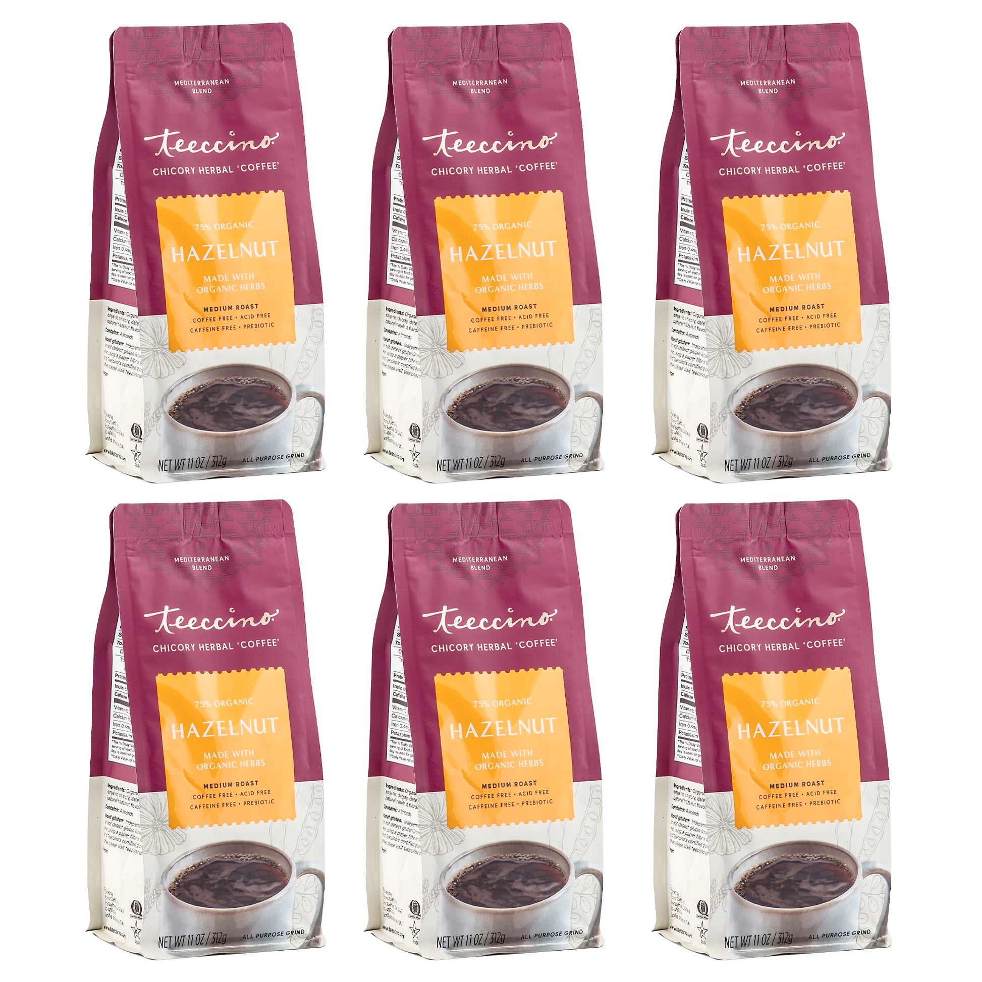 Teeccino Hazelnut Chicory Coffee Alternative, Caffeine-Free, Medium Roast, 11 Ounce (Pack of 6), Natural
