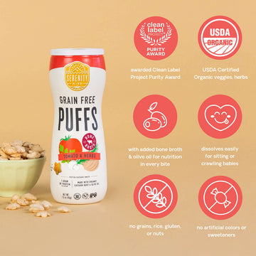 Serenity Kids 6+ Month Grain Free Baby Puffs - Tomato & Herbs - Easy On-the-Go Baby Travel Snack - USDA Organic Puffs - Allergen