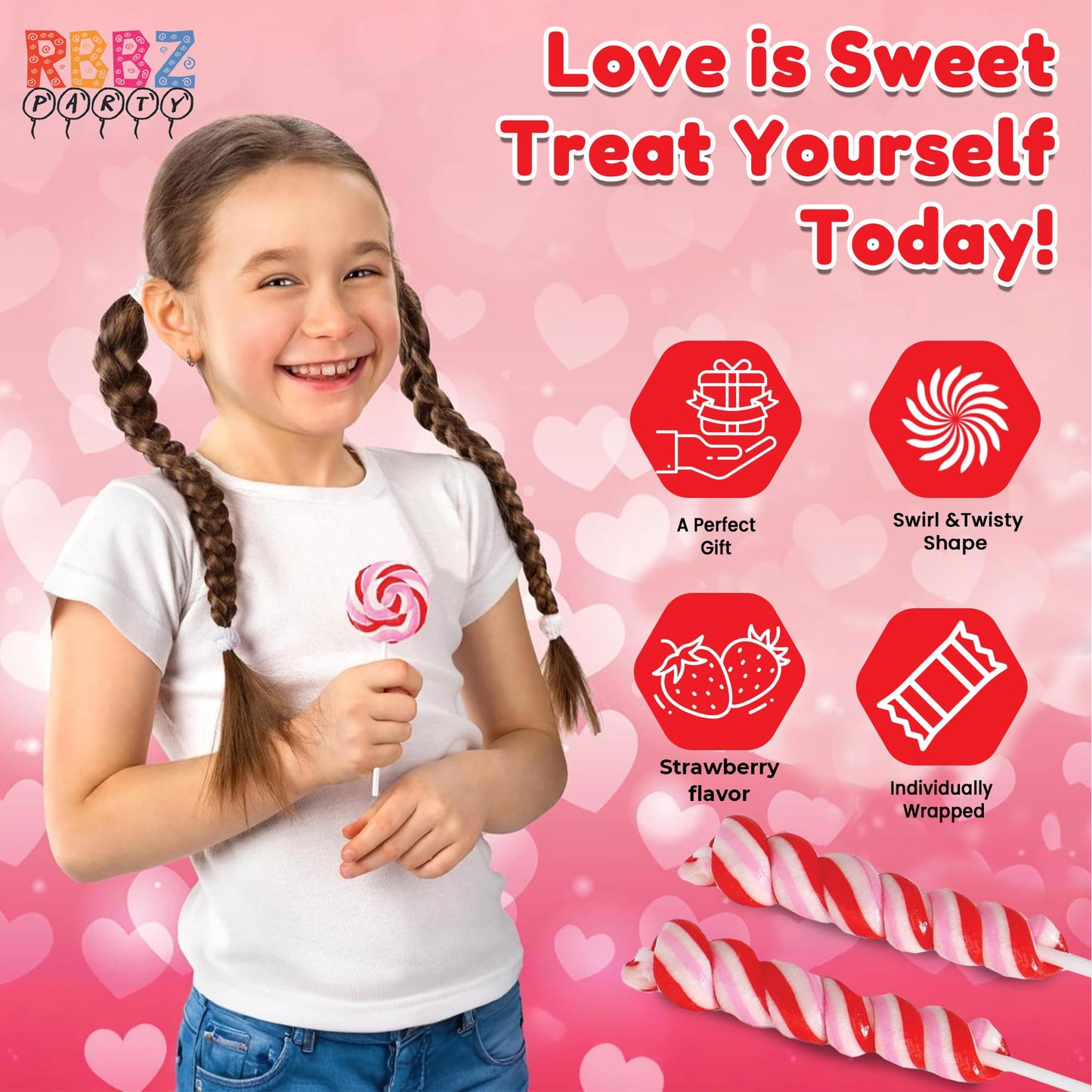 24 Red, Pink And White Lollipops Individually Wrapped - 18G Swirl And 12G Twisty Suckers