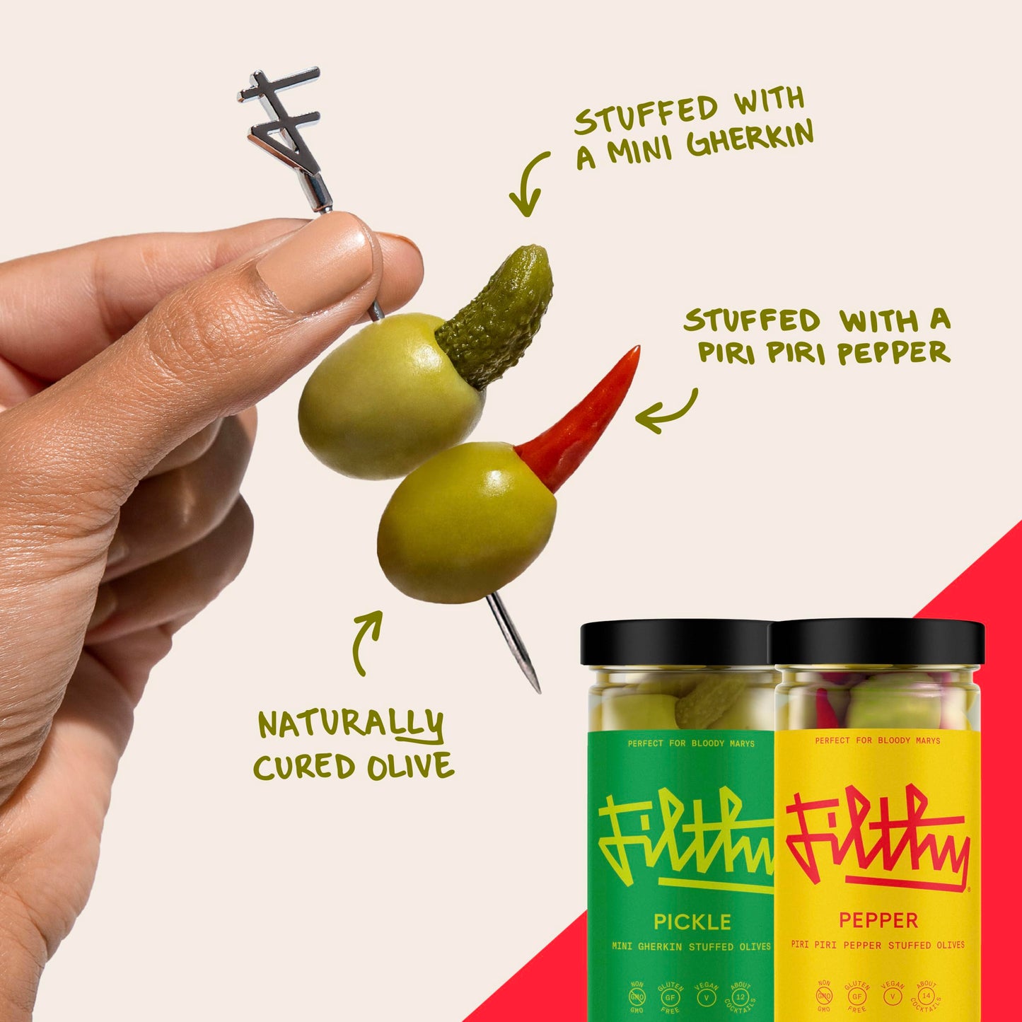 Filthy Food Bloody Mary Cocktail Kit - 9 Piece Set with Pickle & Pepper Stuffed Olives, All-Natural Mix Pouches & Stainless Steel Picks
