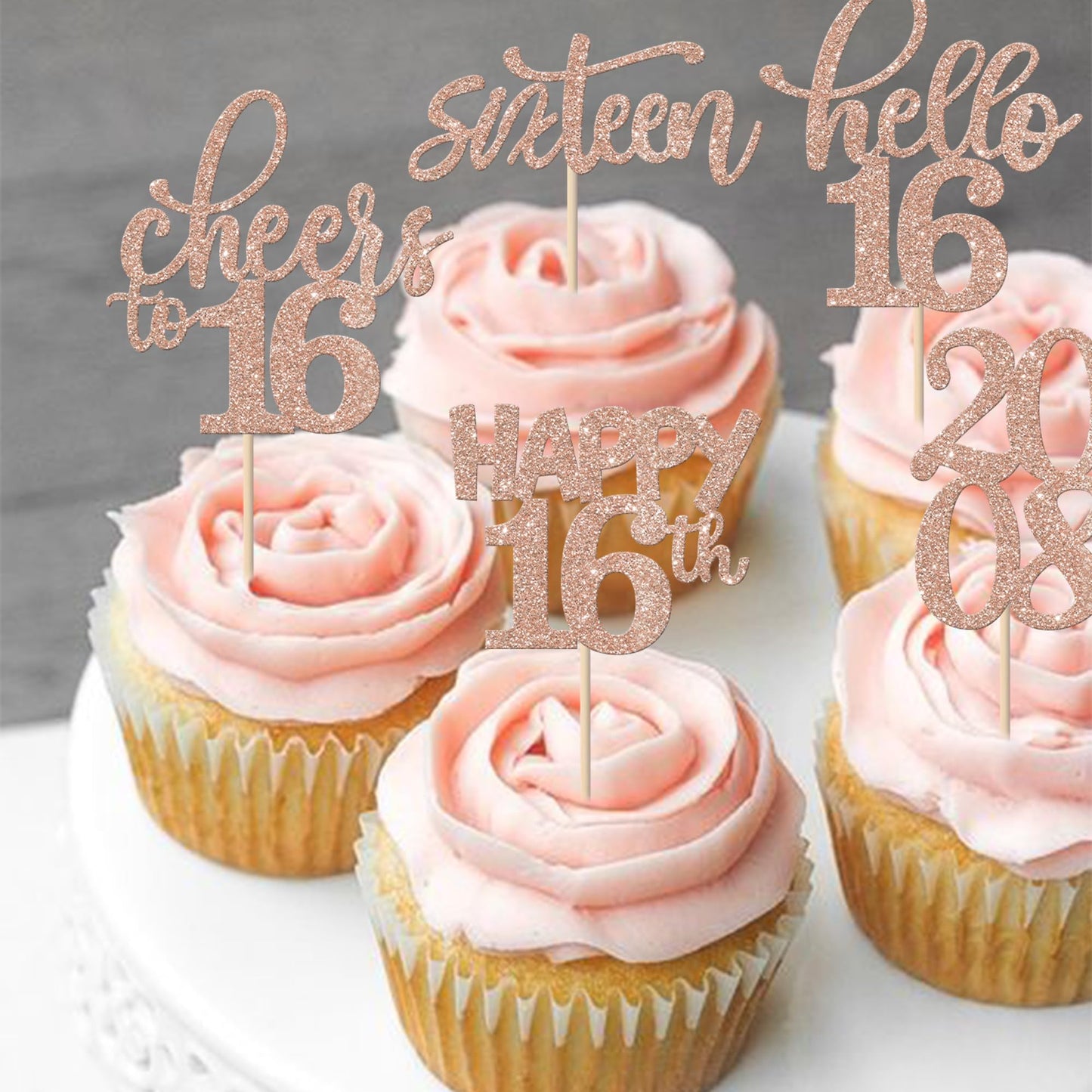 Rssta i Cupcake Toppers 30 Pack Glitter Happy 16th Birthday Rose Gold Paper Model XM087