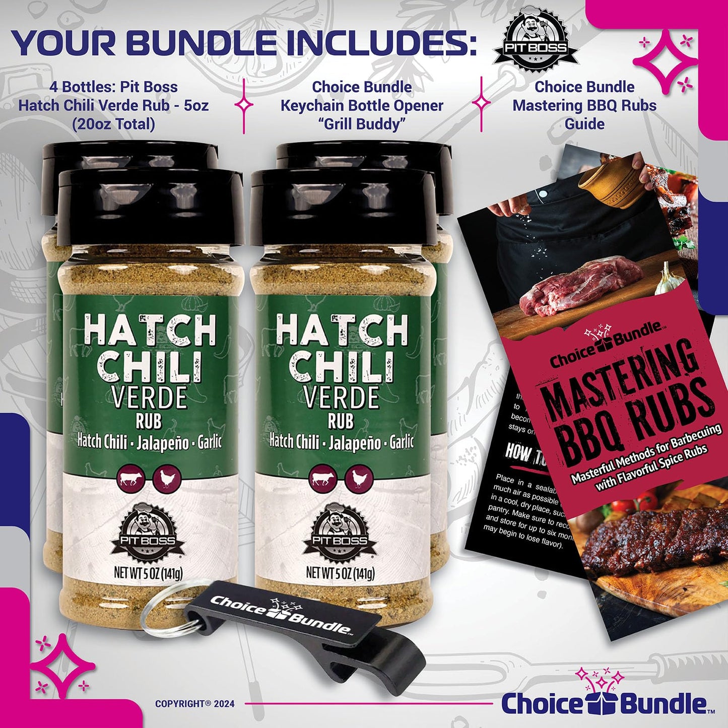Pit Boss Hatch Chili Verde Barbecue Seasoning 20 oz Bundle with Guide & Keychain Opener, 4 Pack