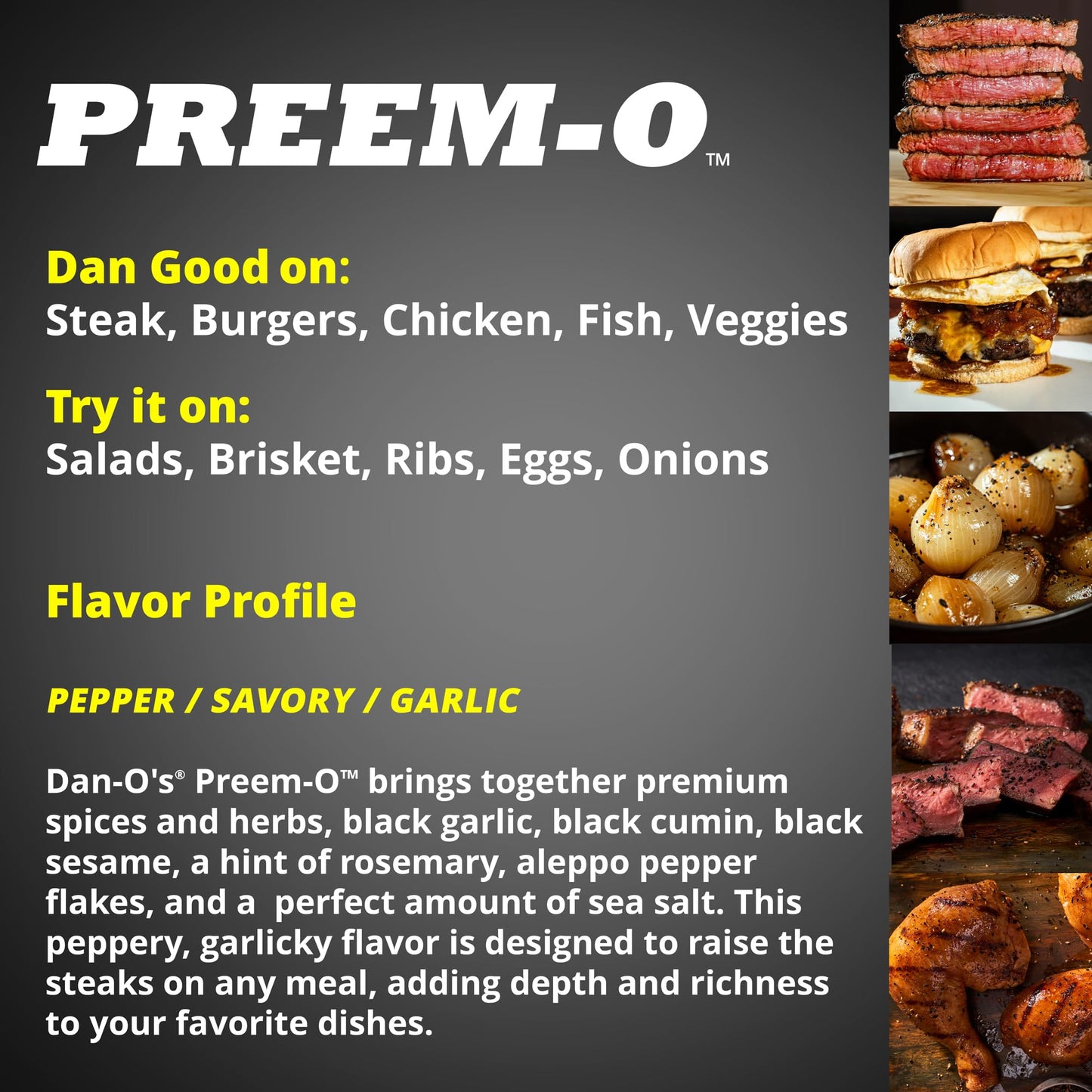Dan-Os Preem-O Seasoning, Meat Seasoning for Steak, Ribs, Chicken, 3.4 oz, Sugar Free, Zero Calorie