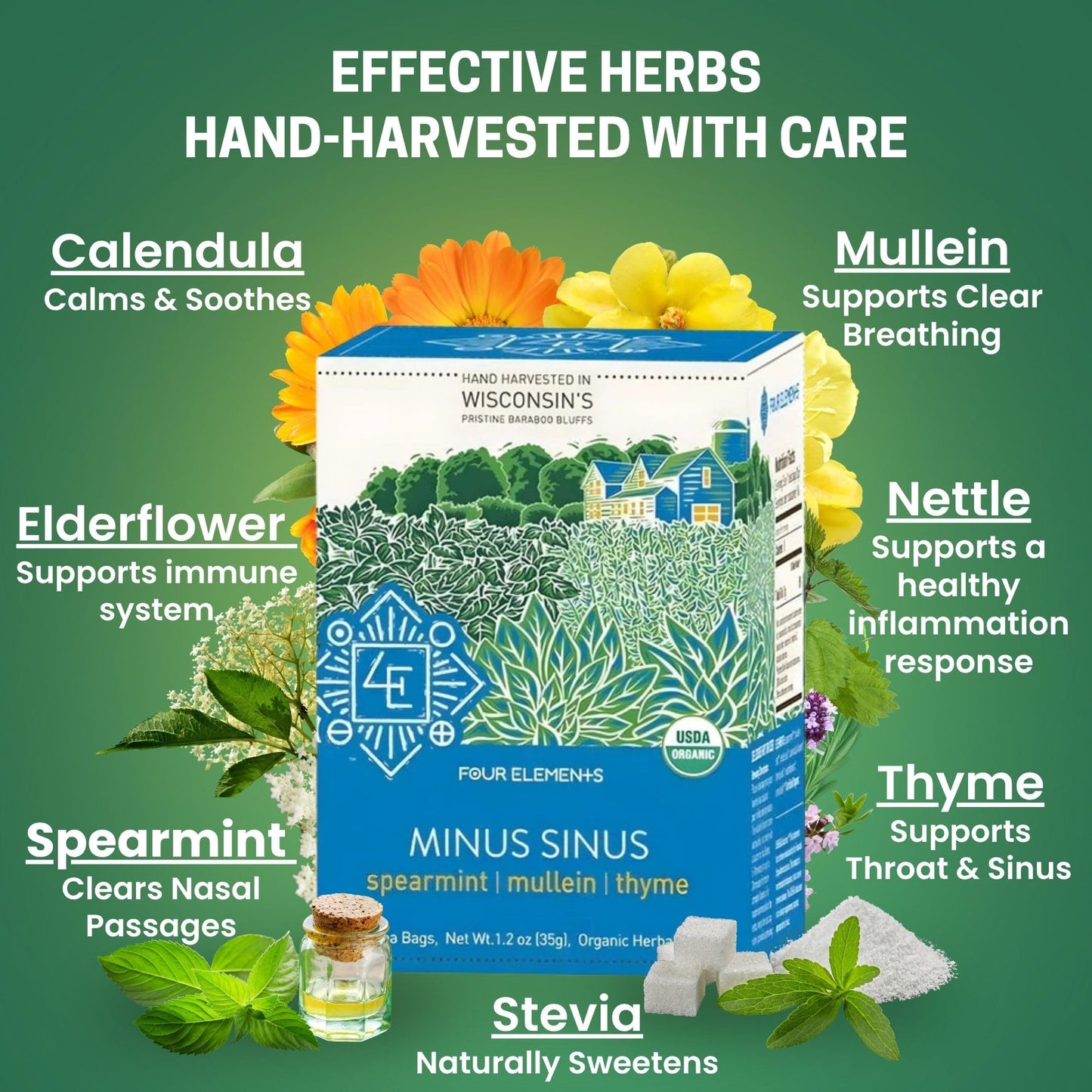 Four Elements 4E Minus Sinus Tea, Organic Herbal Tea with Spearmint, Mullein & Thyme, 16 Teabags, Caffeine-Free