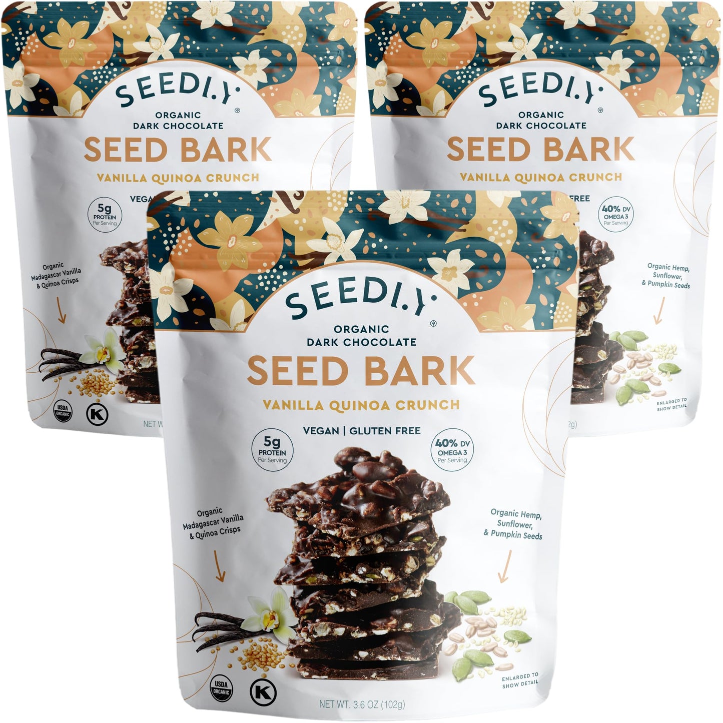 SEEDLY Organic Dark Chocolate Snacking Bark, Vanilla Quinoa Crunch, 20g Protein, Keto, Vegan, 3.6oz (Pack of 3)