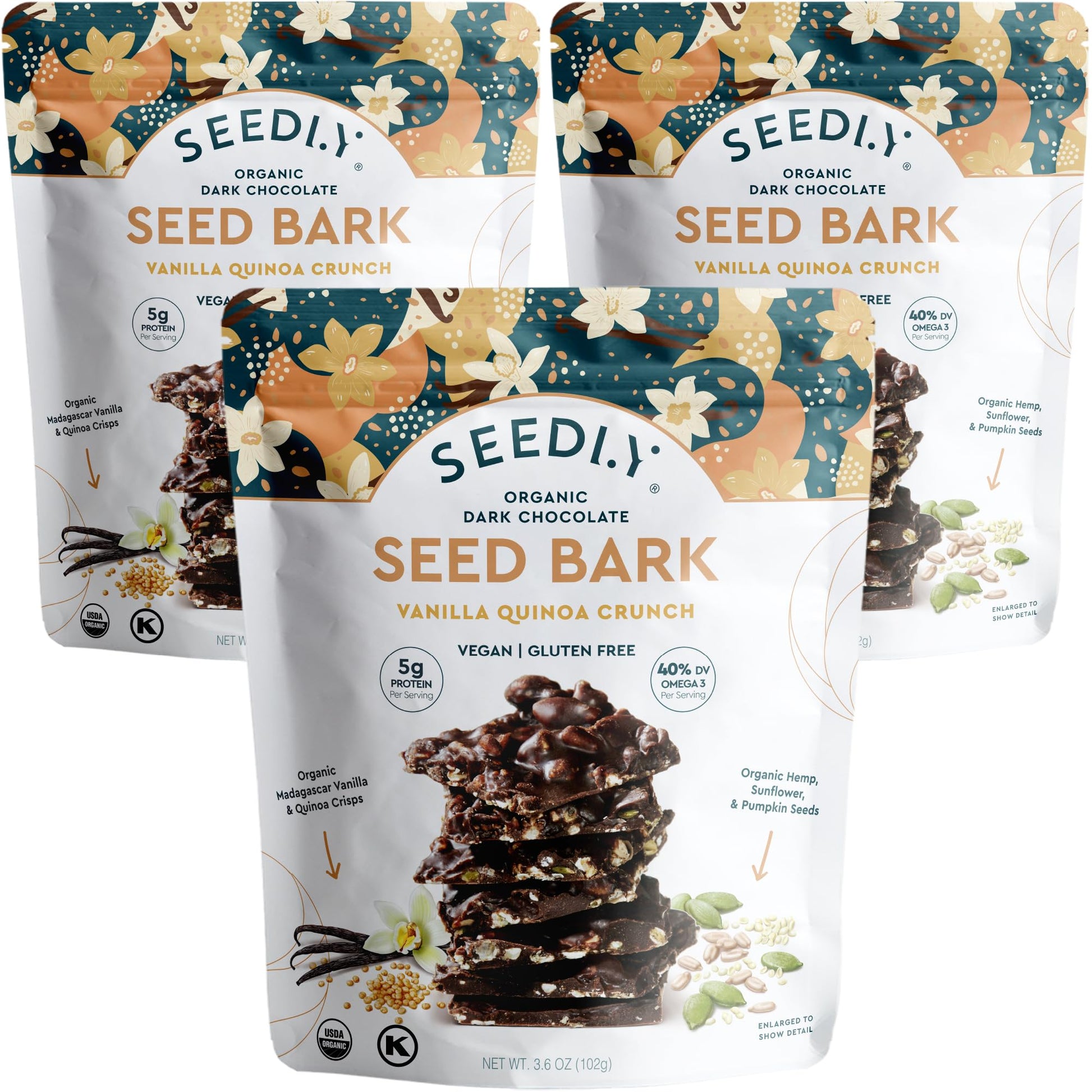 SEEDLY Organic Dark Chocolate Snacking Bark, Vanilla Quinoa Crunch, 20g Protein, Keto, Vegan, 3.6oz (Pack of 3)