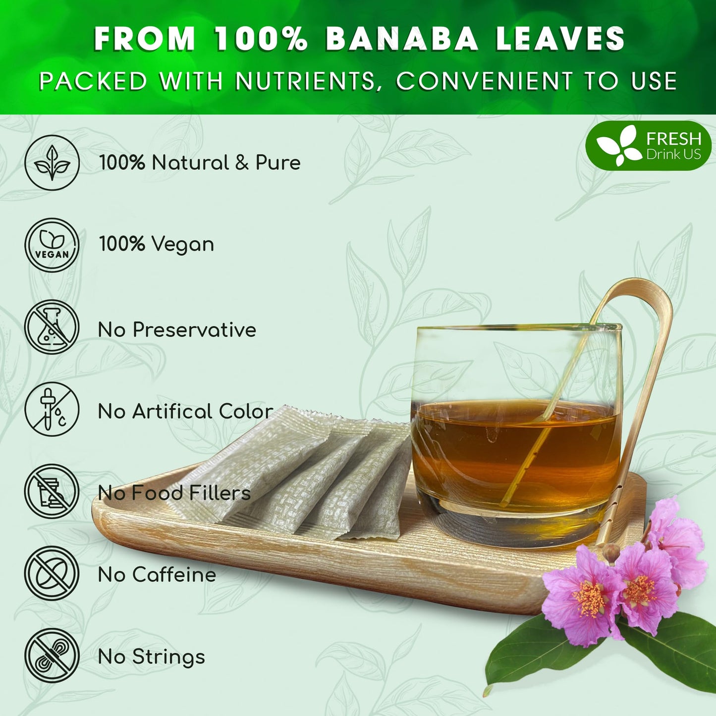 FRESHDRINKUS Premium Banaba Herbal Tea Bags, 100% Natural, 40 Count, Vegan, No Sugar, No Caffeine, Gluten-Free