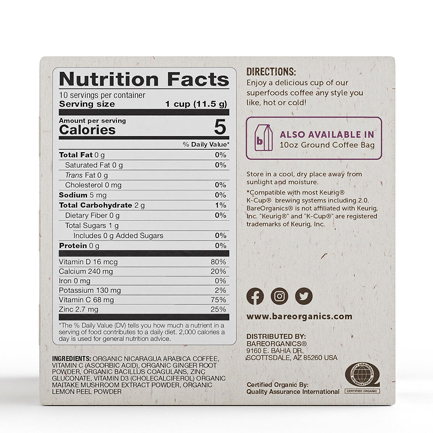 Bareorganics Daily Defense Coffee With Superfoods, 60Ct (15660)