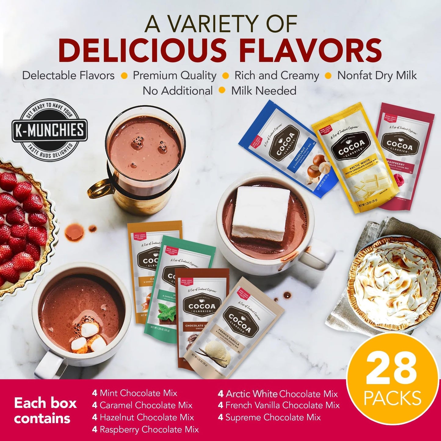 K-Munchies Cocoa Classics Hot Chocolate Mix - Assorted Pack of 28 (1.25 oz) - 7 Rich Flavors - Perfect Gift Set