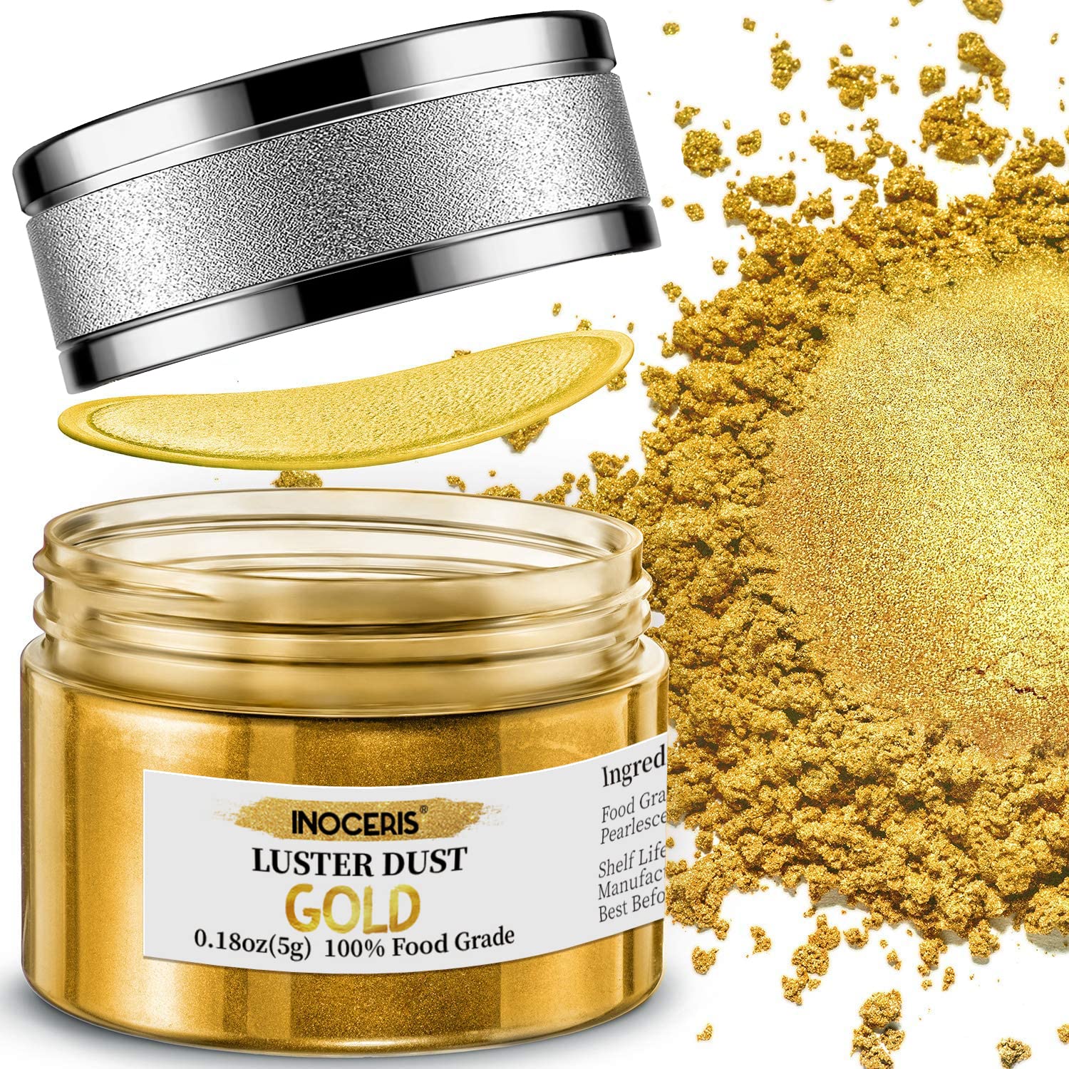INOCERIS Edible Luster Dust, Food Grade Gold Shimmer Powder, 5 Grams, 1-Pack, Ideal for Cake Decorating and Baking