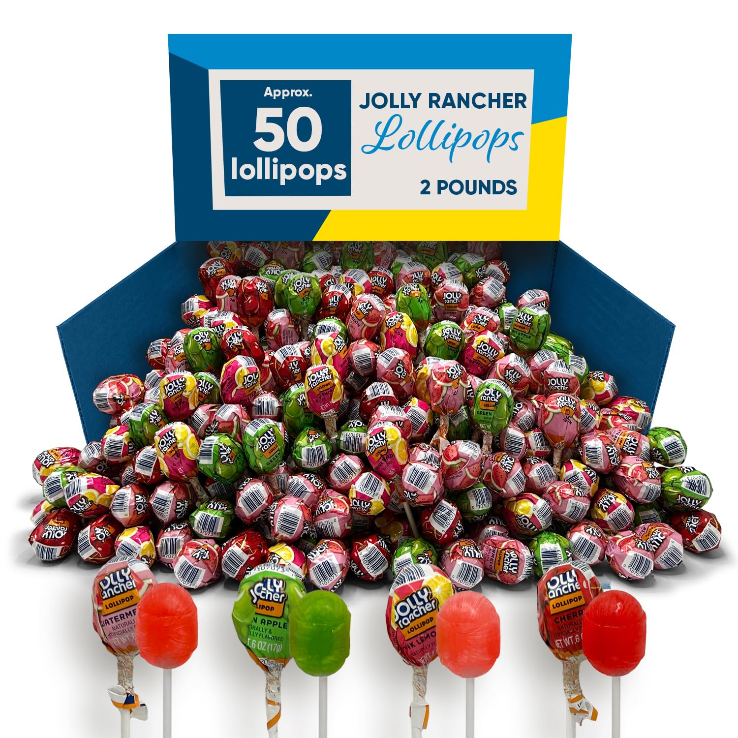 Jolly Ranchr Lollipops 2 Pounds Approx 50 Lollipops, Assorted Flavors Cherry, Apple, Watermelon & Pink Lemonade, Hard Candy Indi