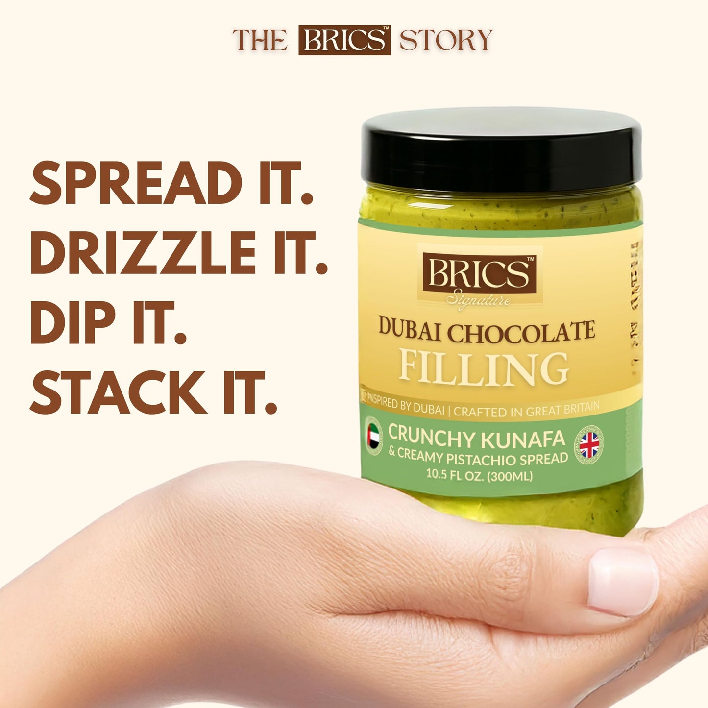Brics Signature Dubai Kunafa Spread, 10 Fl Oz, Ready-To-Eat, Creamy Pistachio & Crunchy Knafeh Topping