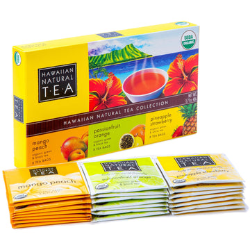 Hawaiian Natural Tea Organic Tropical Fruit Tea Sampler - Green Tea Blends With Black Tea & White Tea - Gift Box Set For Tea Lov