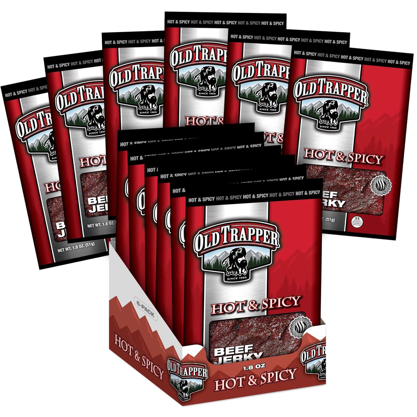 Old Trapper Beef Jerky, Hot & Spicy Flavor, 1.8-Ounce Individual Packs, Great Size For Quick Snacking, 11 Grams Of Protein And 7