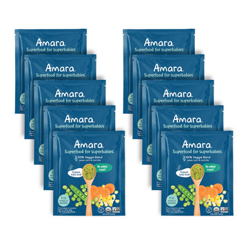 Amara Organic Baby Food - Stage 2 - Peas, Corn & Carrots - Baby Cereal to Mix With Breastmilk, Water or Baby Formula - Shelf Stable Baby Food Pouches Made from 100% Organic Veggies - 10 Pouches, 3.5oz Per Serving