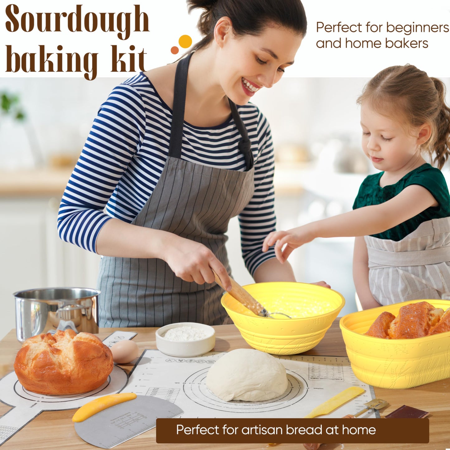 BICRET Sourdough Starter Kit – Complete Baking Supplies for Beginners, 2 Silicone Proofing Baskets, Yellow, Model FJ-3-4C