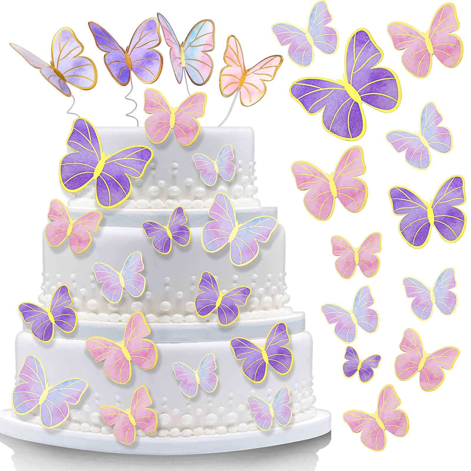 Outus Butterfly Cake Topper Set, 120 Pieces, 3D Decorations for Birthday, Wedding, Party - Purple, Pink, Gold