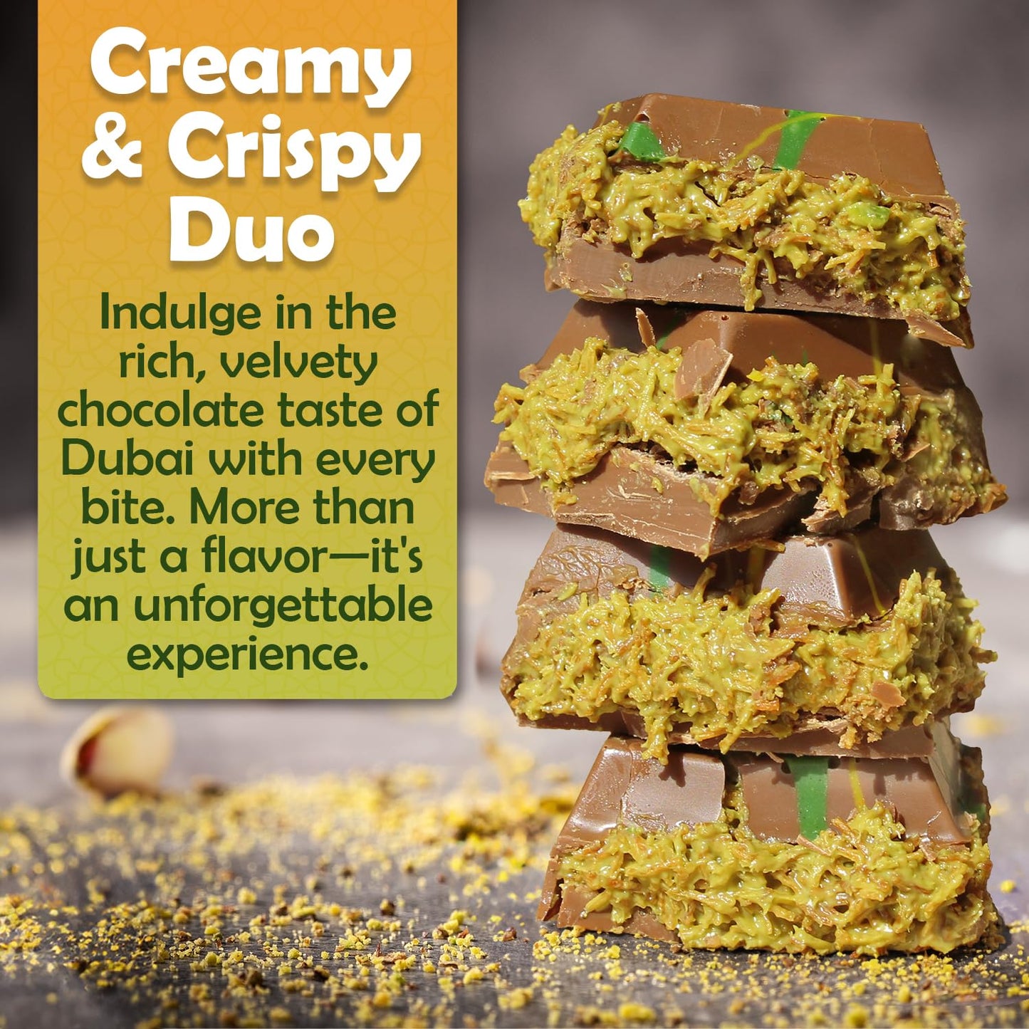 Ceres Gourmet Dubai Kunafa Pistachio Chocolate Bar – 7 oz Crispy Knafeh Layers with Pistachio Paste, Gourmet Dessert Gift