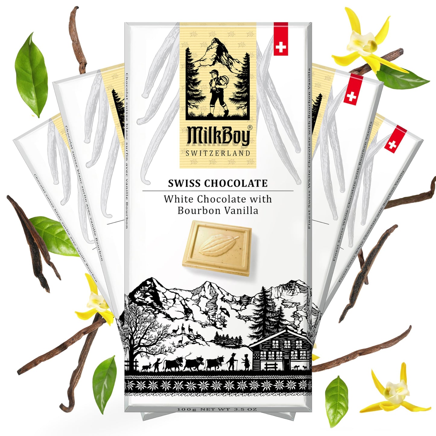 Milkboy Swiss White Chocolate Bars - Gourmet spirit-inspired flavor Vanilla - Gluten Free, Non-GMO, Kosher - 3.5oz (Pack of 4)