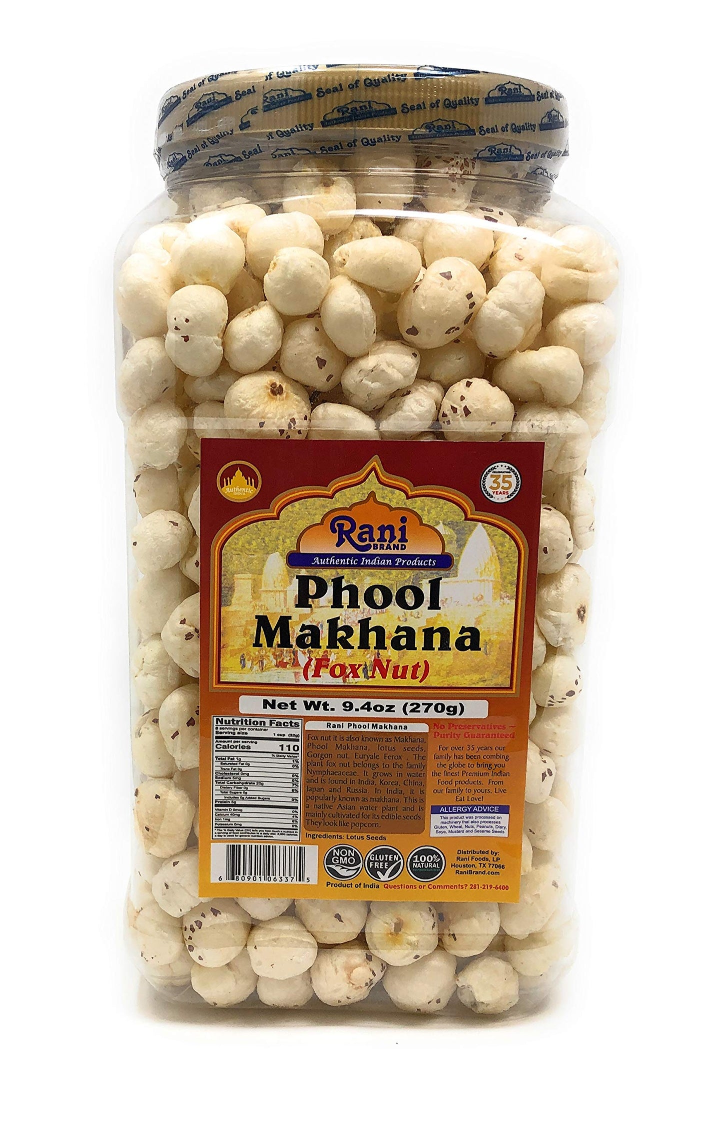 Rani Jumbo Phool Makhana, Plain Raw Fox Nut, 9.4oz (270g) PET Jar, Vegan, Non-GMO, Gluten Friendly, Indian Origin