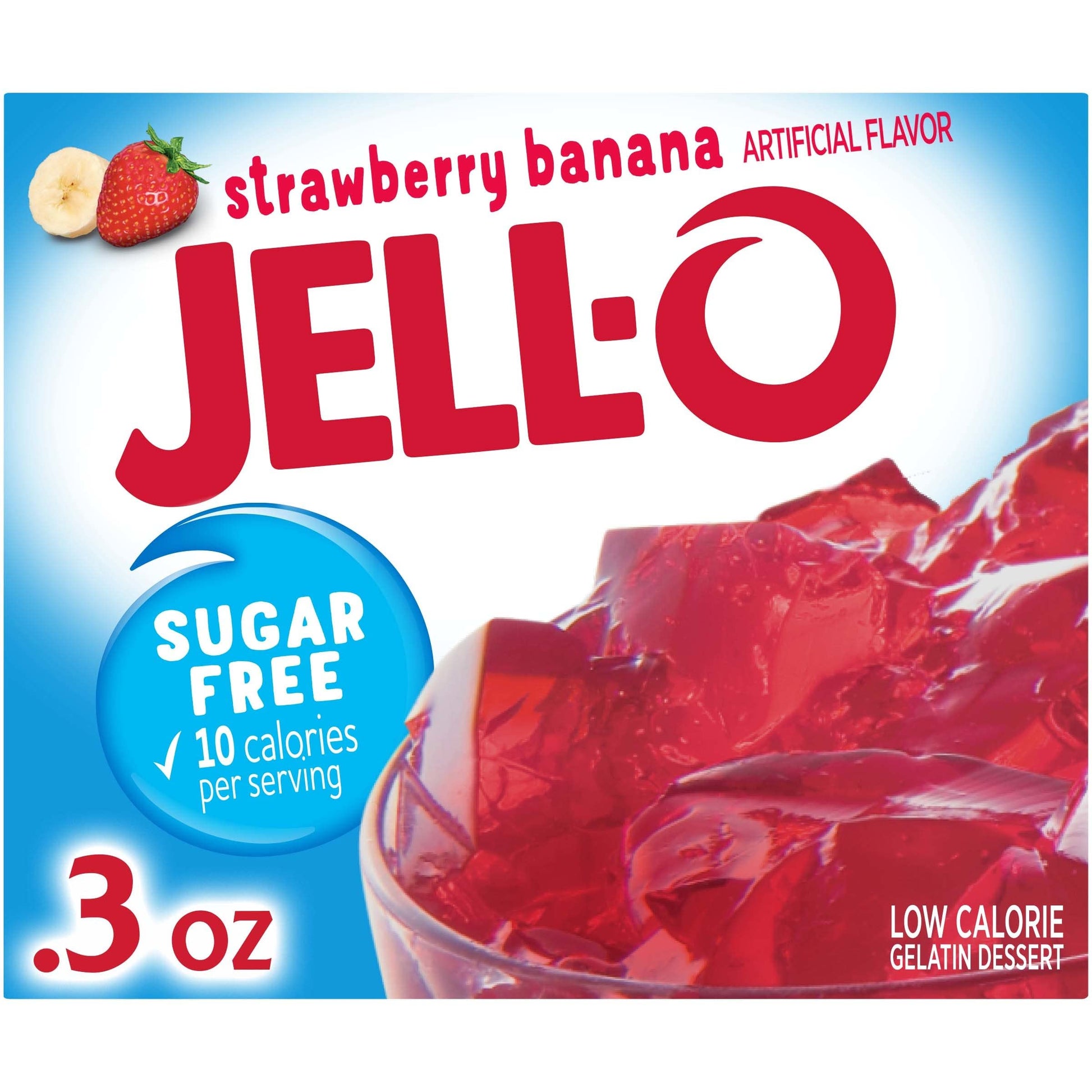 Jell-O Strawberry Banana Gelatin Dessert Mix, Sugar Free, 0.3 oz Boxes, 24 ct Pack