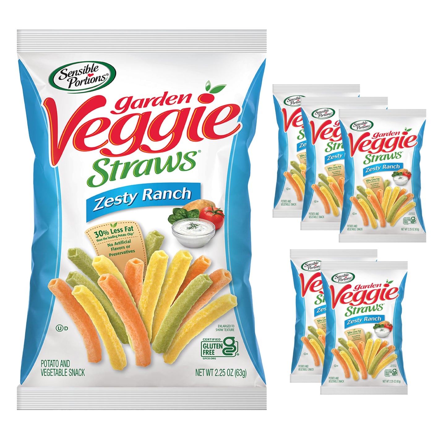 Sensible Portions Veggie Straws, Zesty Ranch Flavor, Gluten-Free Chips, Individual Snacks, 2.25 Ounce Bag, 6-Pack