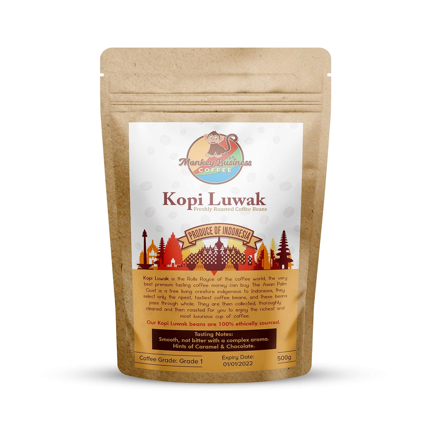 MONKEY BUSINESS COFFEE Wild Kopi Luwak Whole Beans - Sustainably Sourced - 500 Grams (17.64 Ounce)