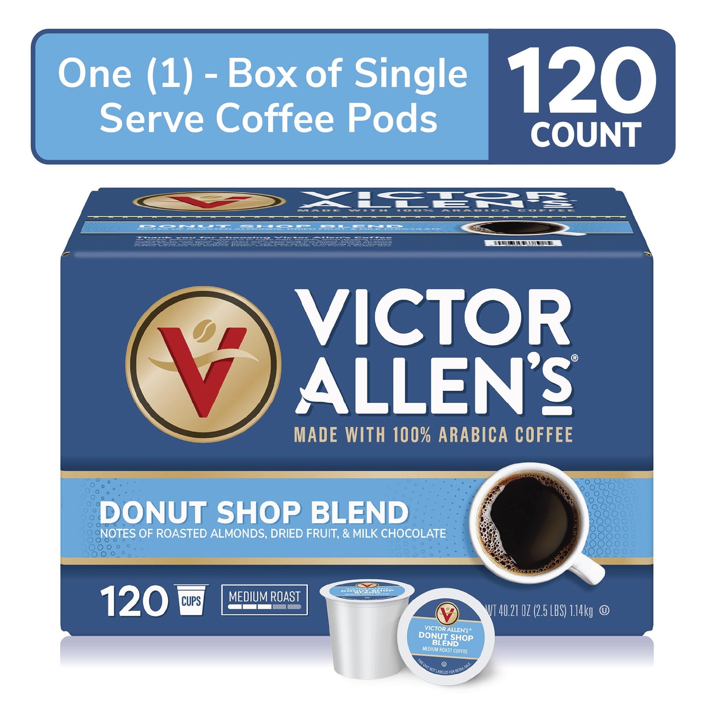 Victor Allens Coffee Donut Shop Blend, Medium Roast, 120 Count Single Serve Pods for Keurig, Blue