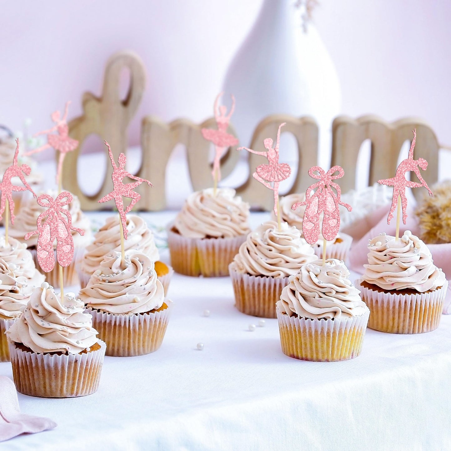 Gyufise 24Pcs Ballerina Tutu Cupcake Toppers Pink Glitter Ballet Girl Cupcake Toppers Ballet Slipper Cupcake Picks For Ballerina