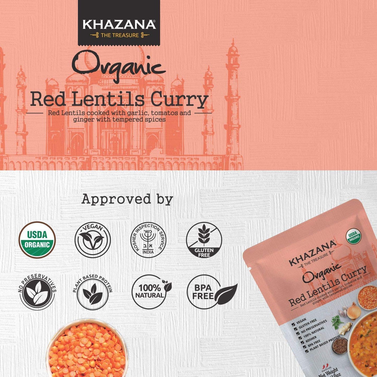 Khazana Organic Ready To Eat Meals - Red Lentils Curry (Pack Of 1, 10Oz Pouches) - Non-Gmo, Vegan, Gluten Free & Kosher - Authen
